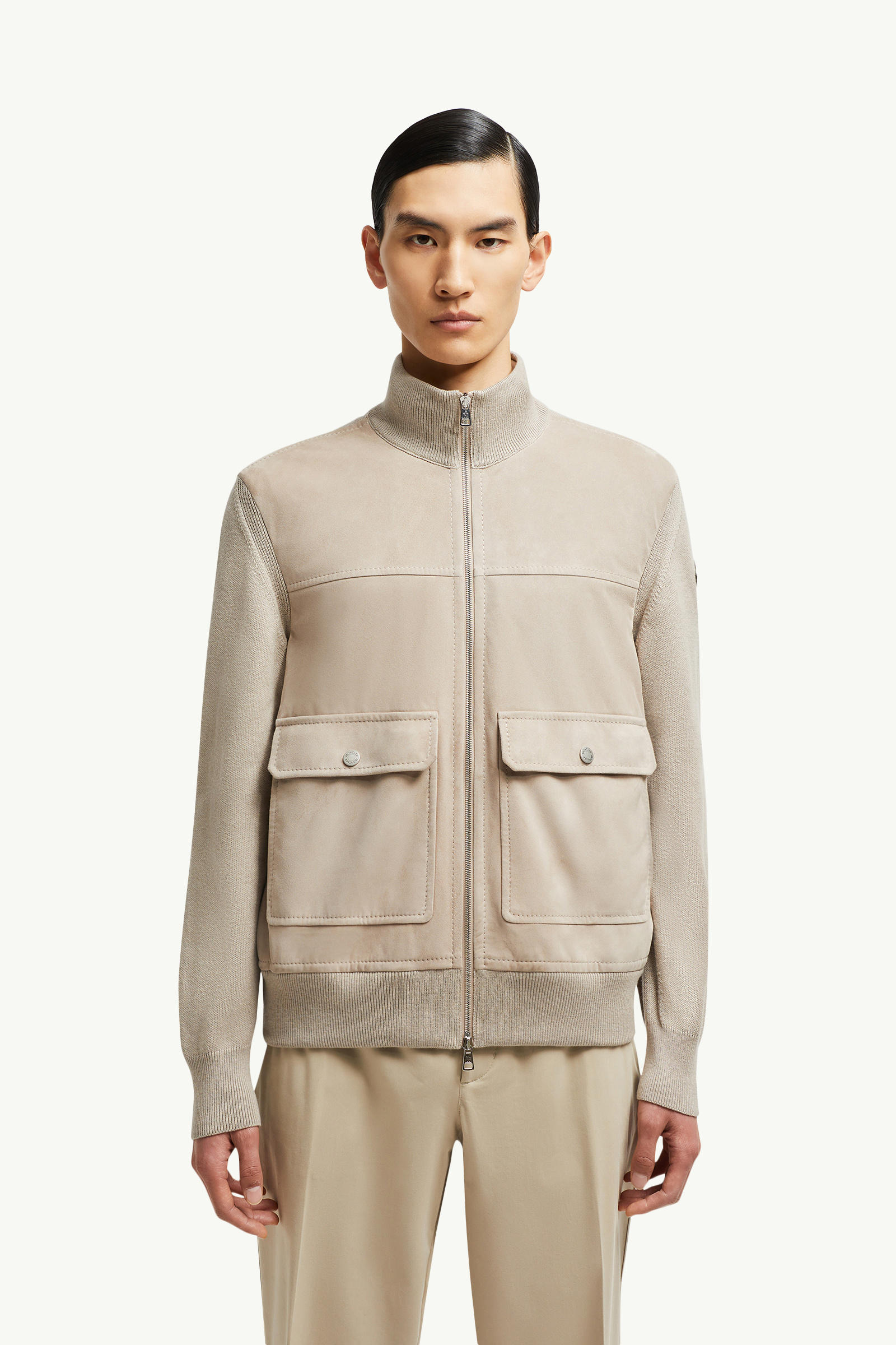 Cardigan con zip in lana, cotone e pelle scamosciata Uomo Marrone Moncler 3