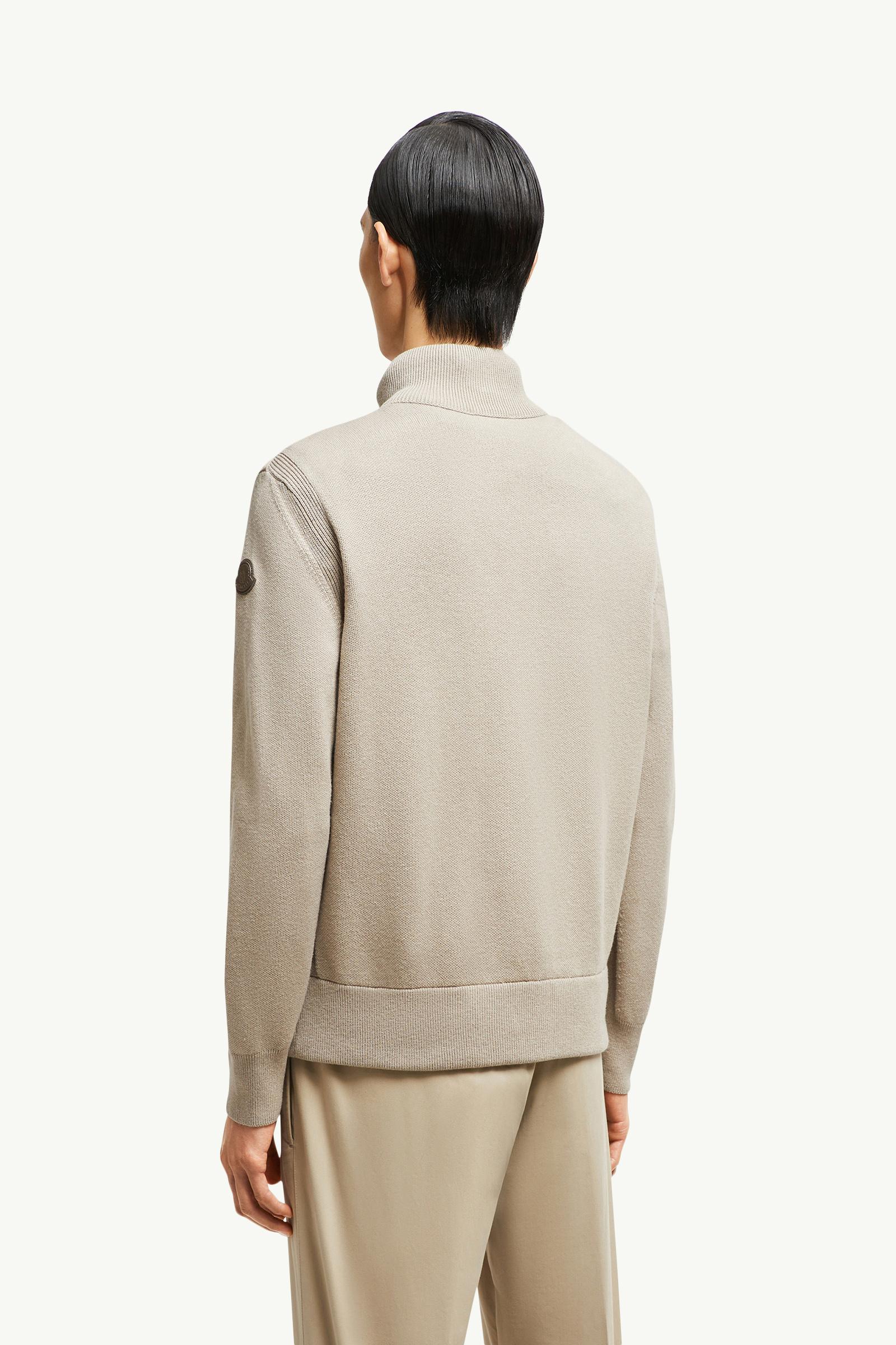 Beige Wool, Cotton & Suede Zip-Up Cardigan - Sweaters & Cardigans