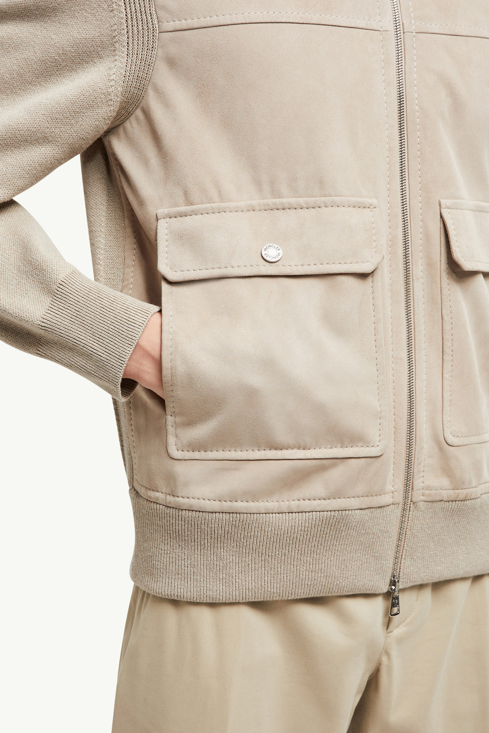 Cardigan con zip in lana, cotone e pelle scamosciata Uomo Marrone Moncler 5