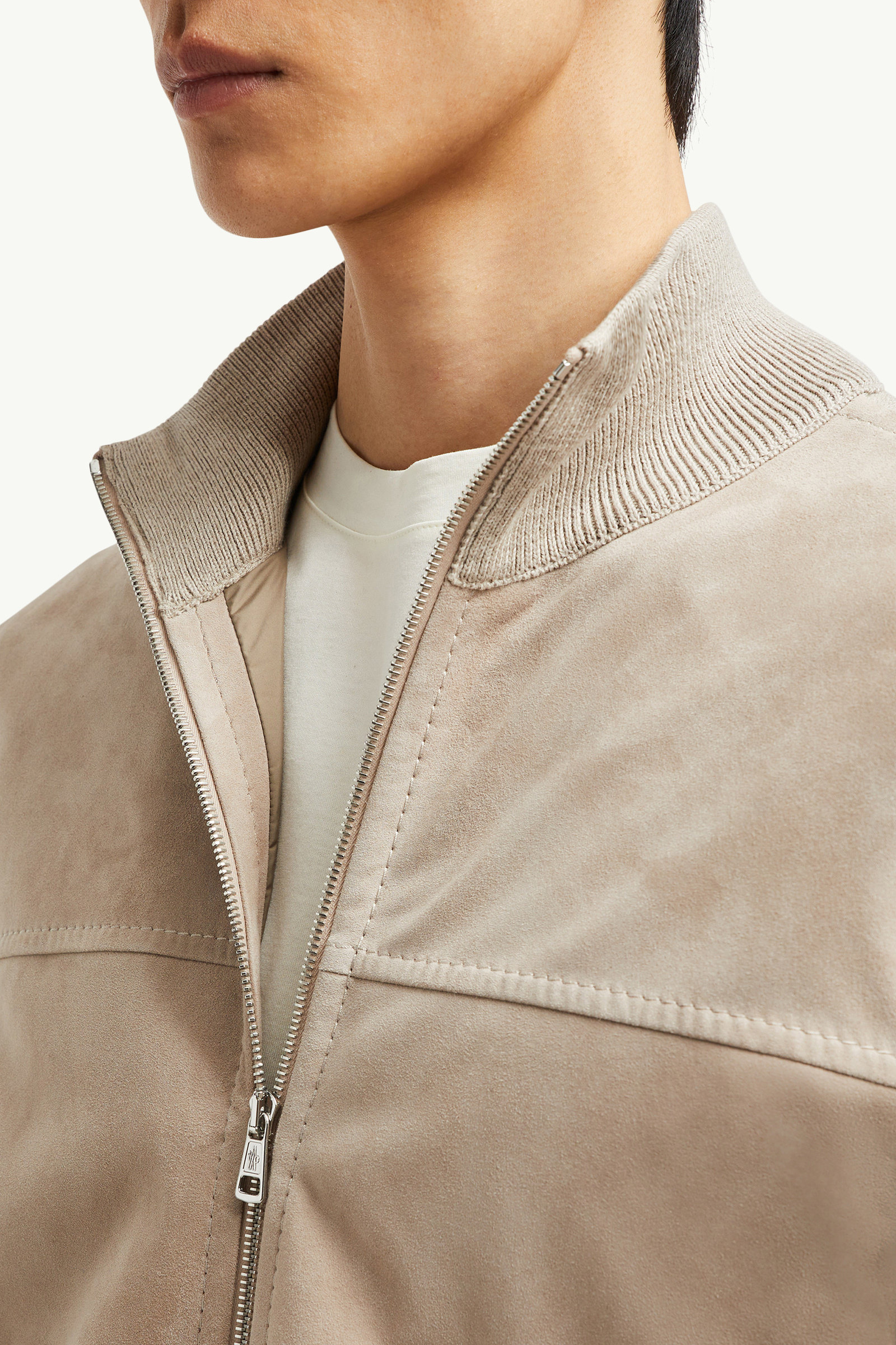 Cardigan con zip in lana, cotone e pelle scamosciata Uomo Marrone Moncler 6