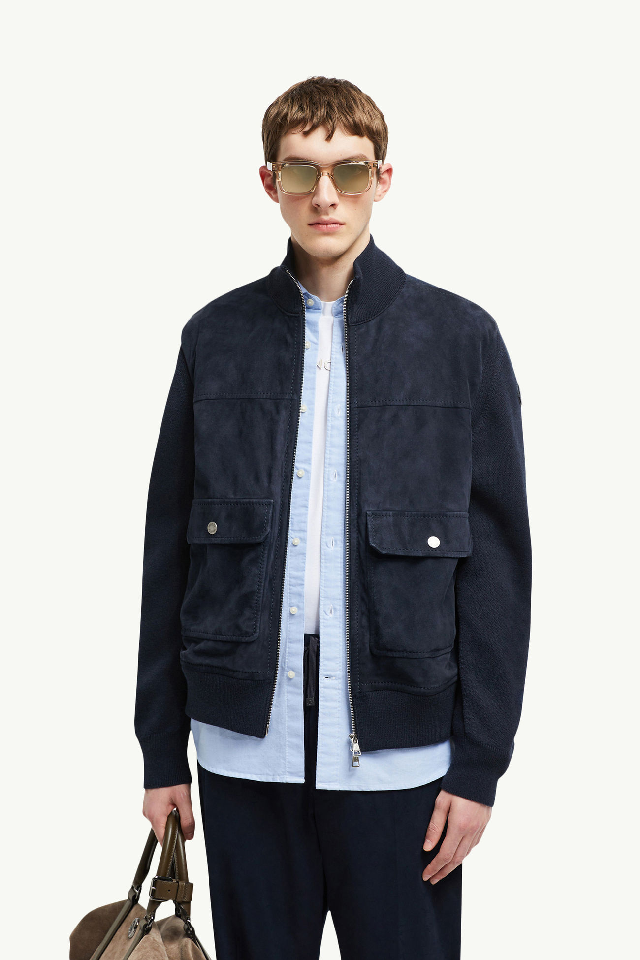 Cardigan zippé en laine, coton et daim Hommes Bleu marine Moncler 0