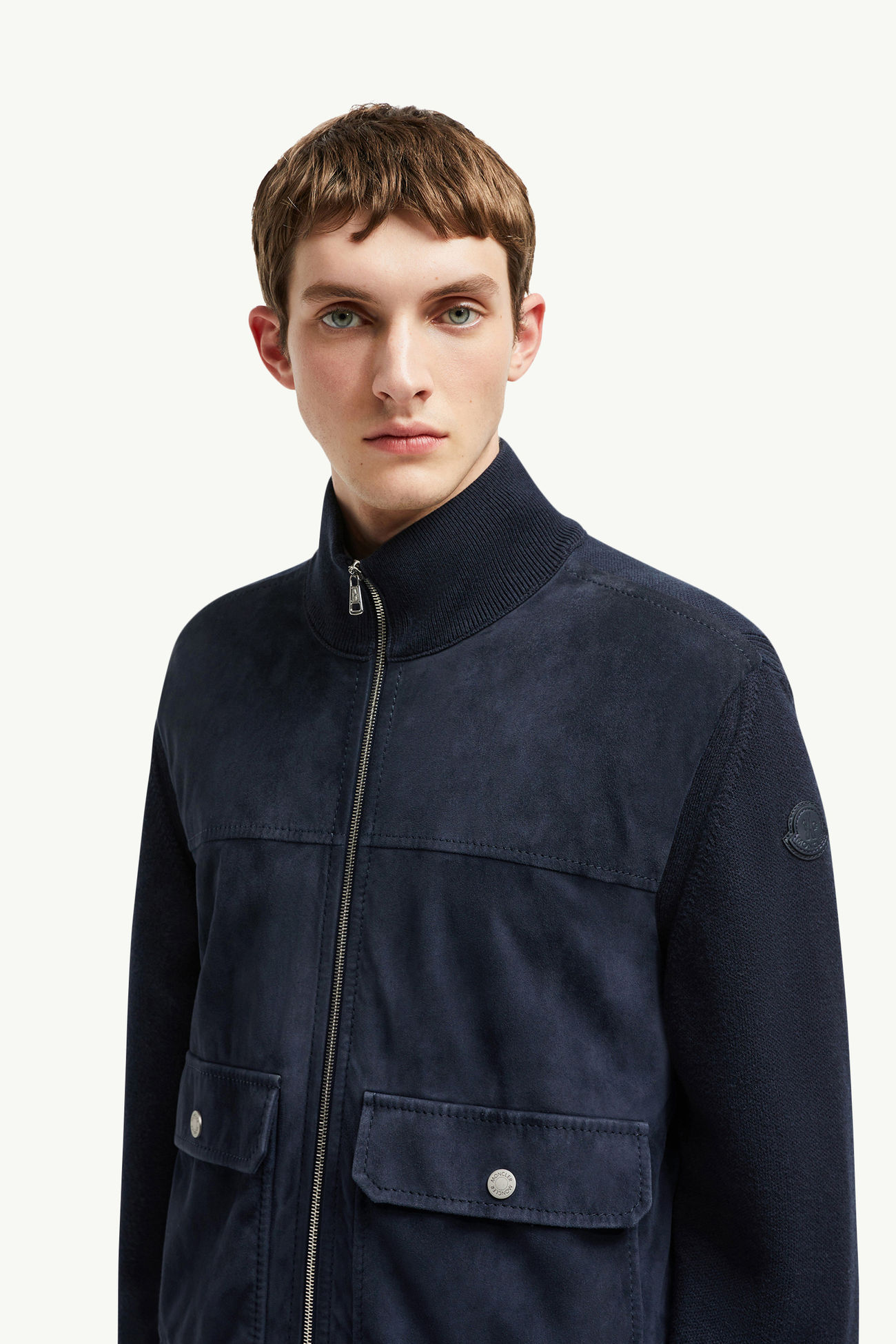 Cárdigan con cremallera de lana, algodón y ante Hombre Azul marino Moncler 1