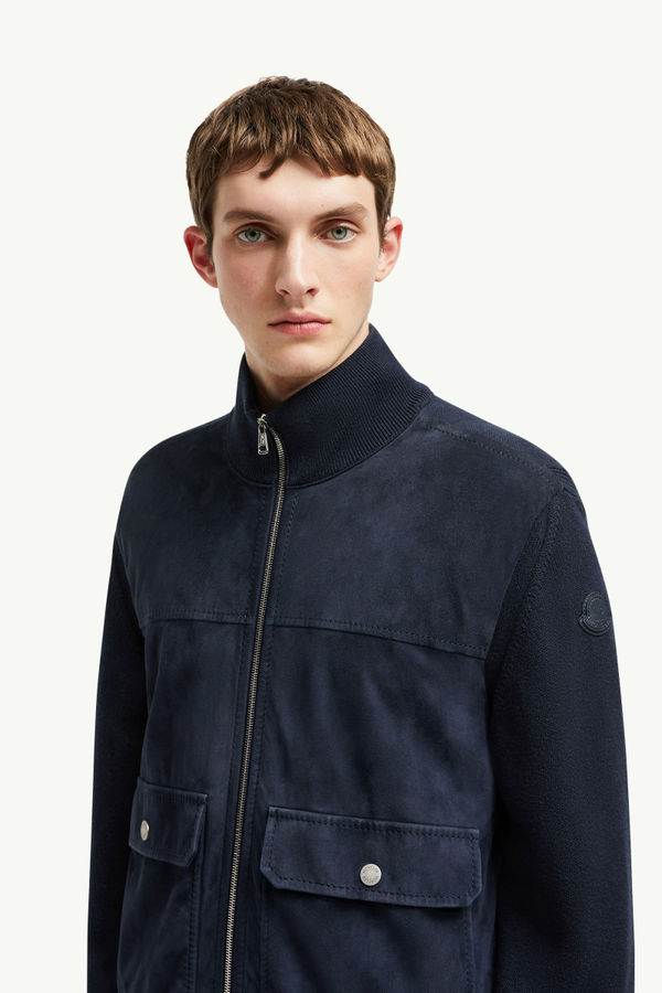 Wool, Cotton & Suede Zip-Up Cardigan Men Navy Blue Moncler 1