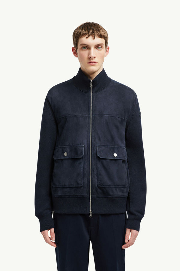 Wool, Cotton & Suede Zip-Up Cardigan Men Navy Blue Moncler 3