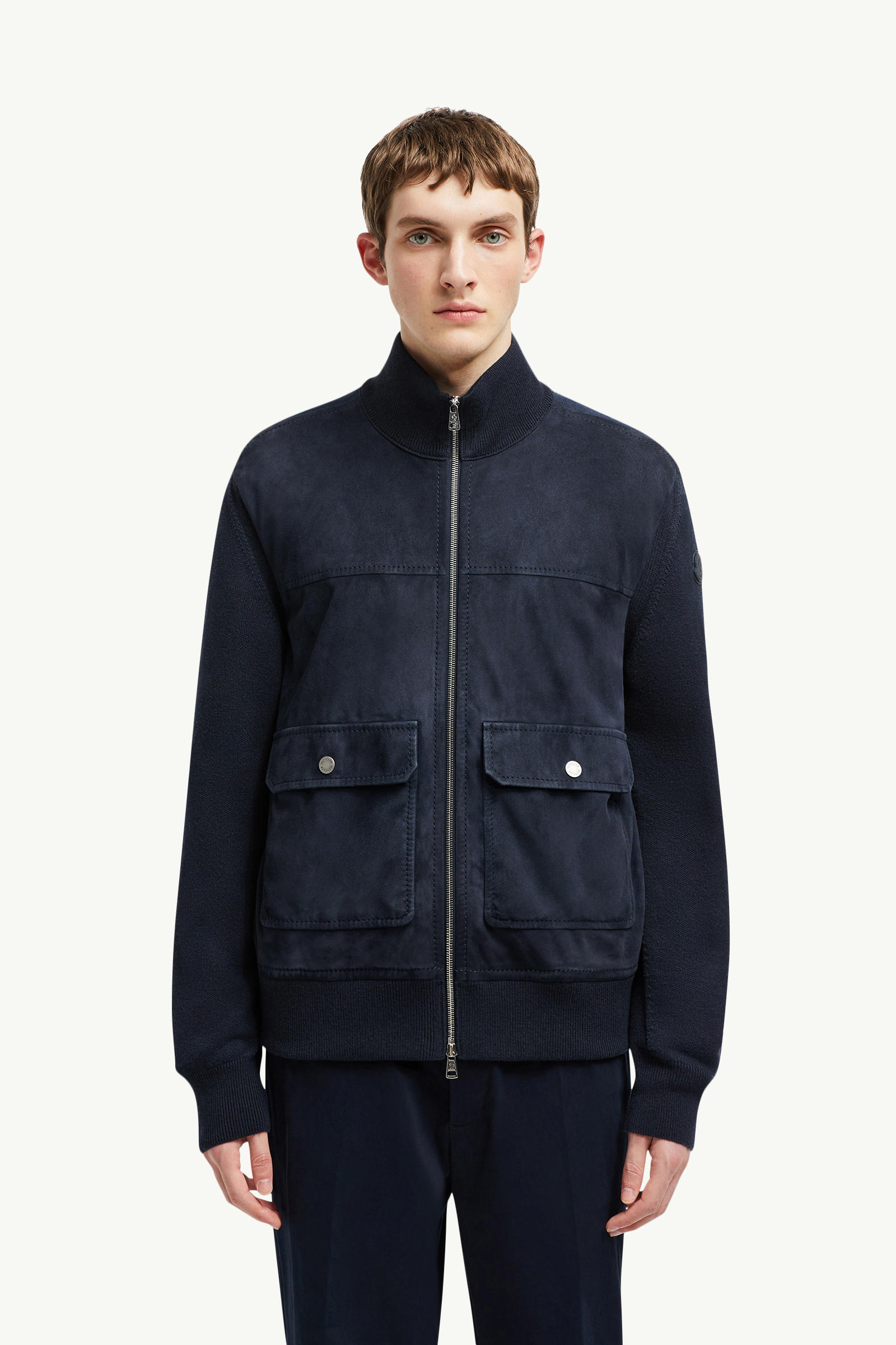 Wool, Cotton & Suede Zip-Up Cardigan Men Navy Blue Moncler 3