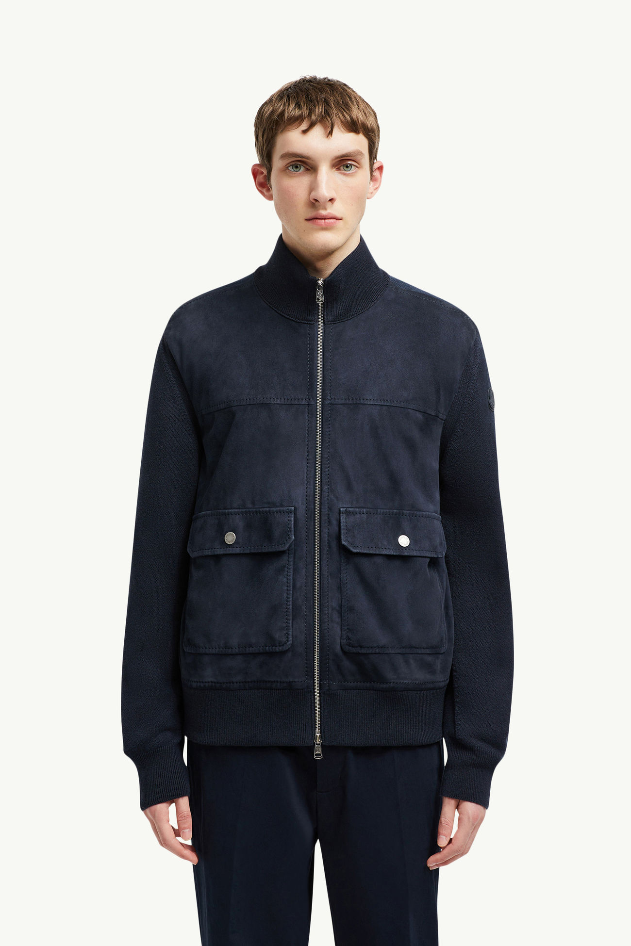 羊毛、棉質和麂皮拉鏈開襟毛衣 男士 海軍藍色 Moncler 3