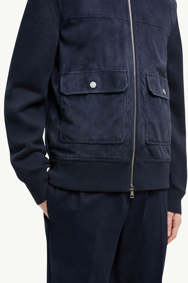 Wool, Cotton & Suede Zip-Up Cardigan Men Navy Blue Moncler 5