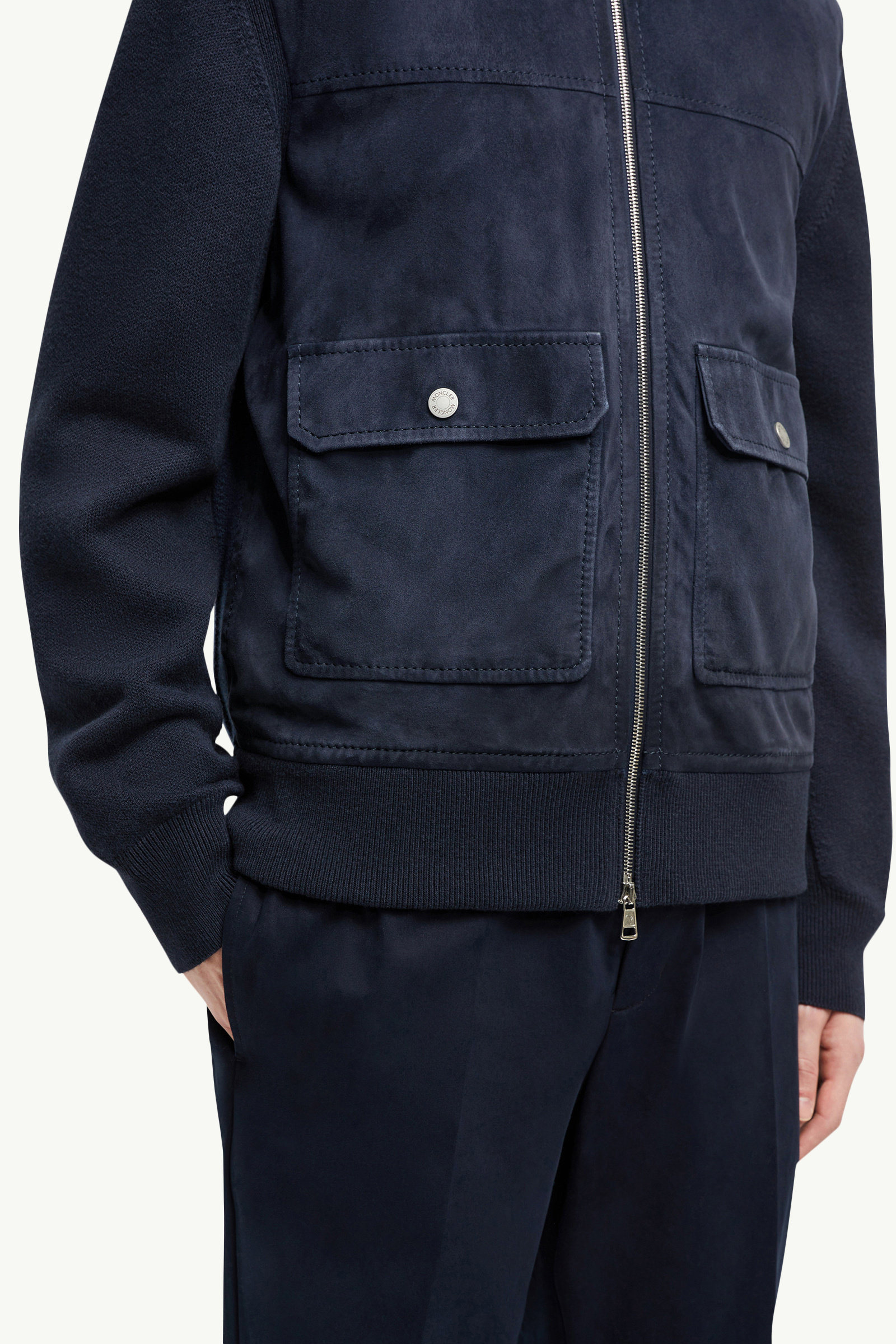 Wool, Cotton & Suede Zip-Up Cardigan Men Navy Blue Moncler 5