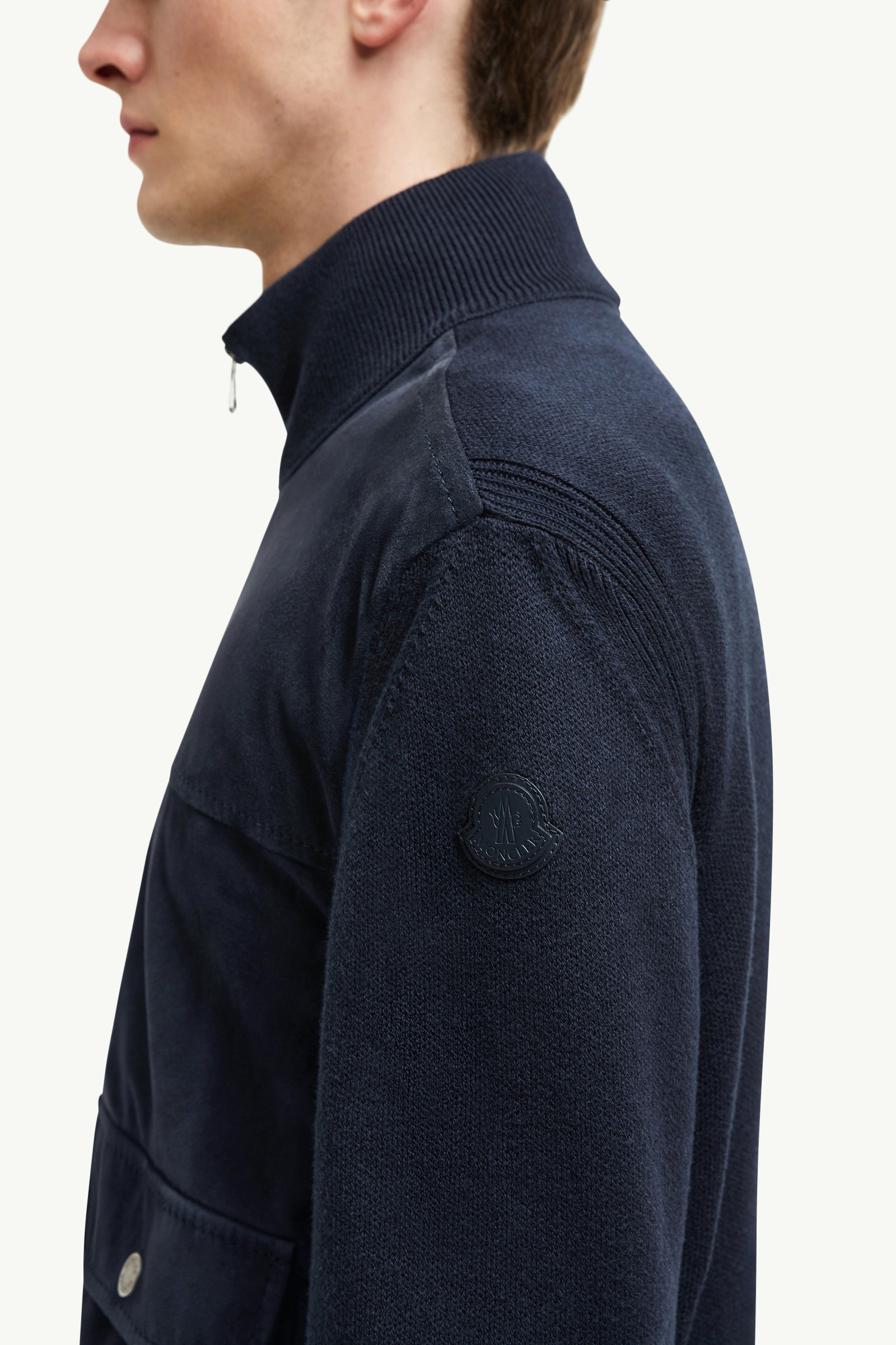Wool, Cotton & Suede Zip-Up Cardigan Men Navy Blue Moncler 6