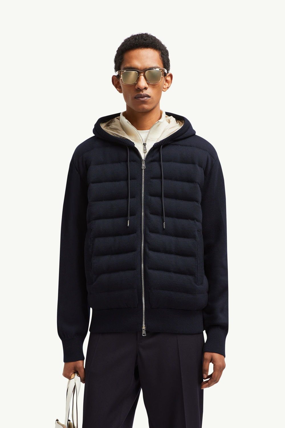 Sweat à capuche zippé matelassé en laine Hommes Bleu foncé Moncler 0