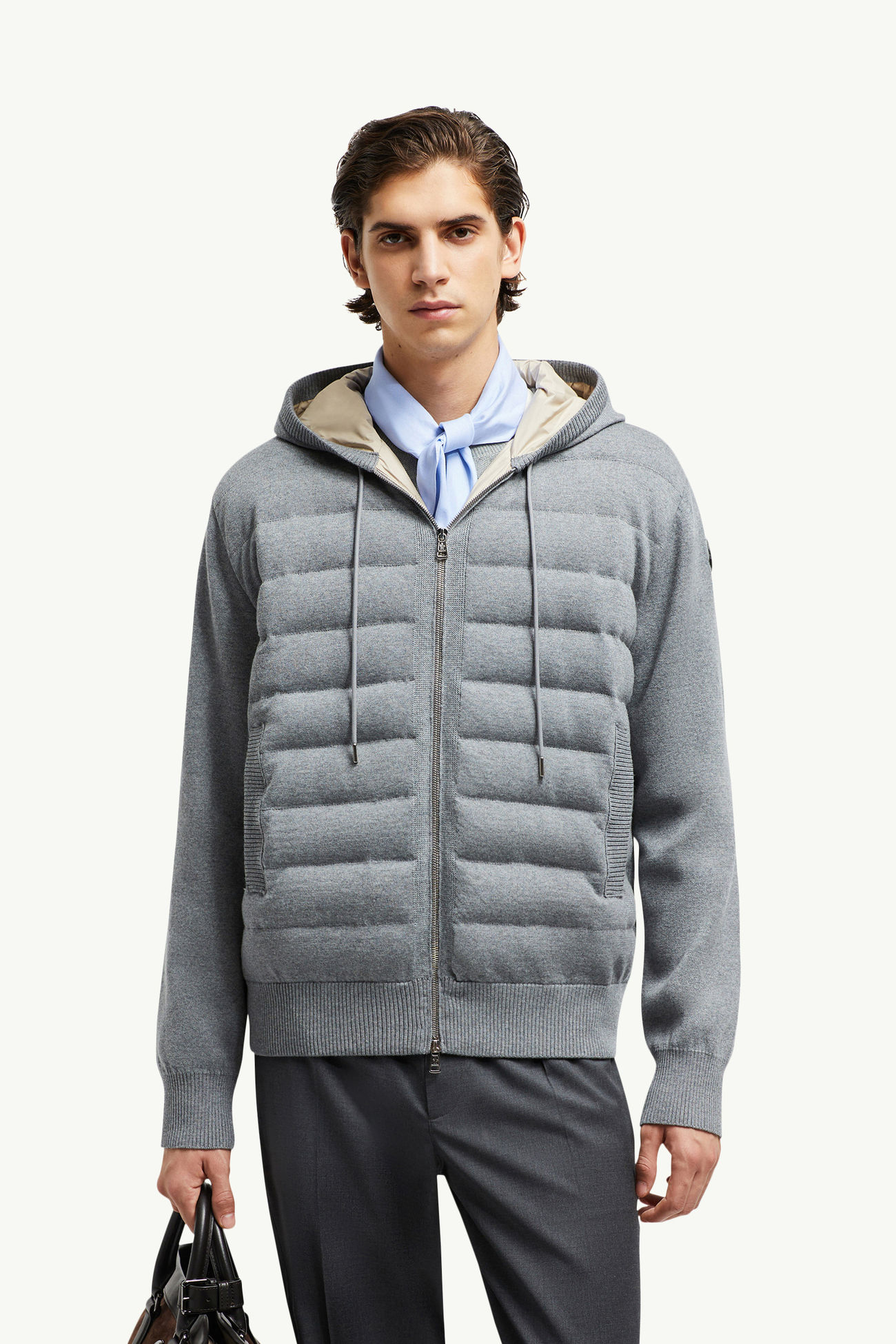 Sweat à capuche zippé matelassé en laine Hommes Gris Moncler 0