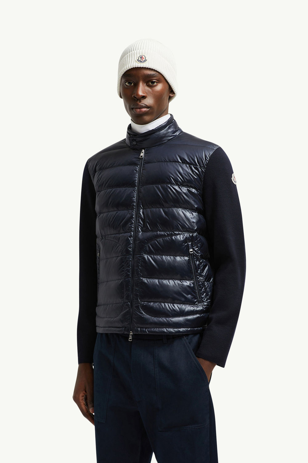 Cardigan zippé matelassé en laine Hommes Bleu Moncler 0