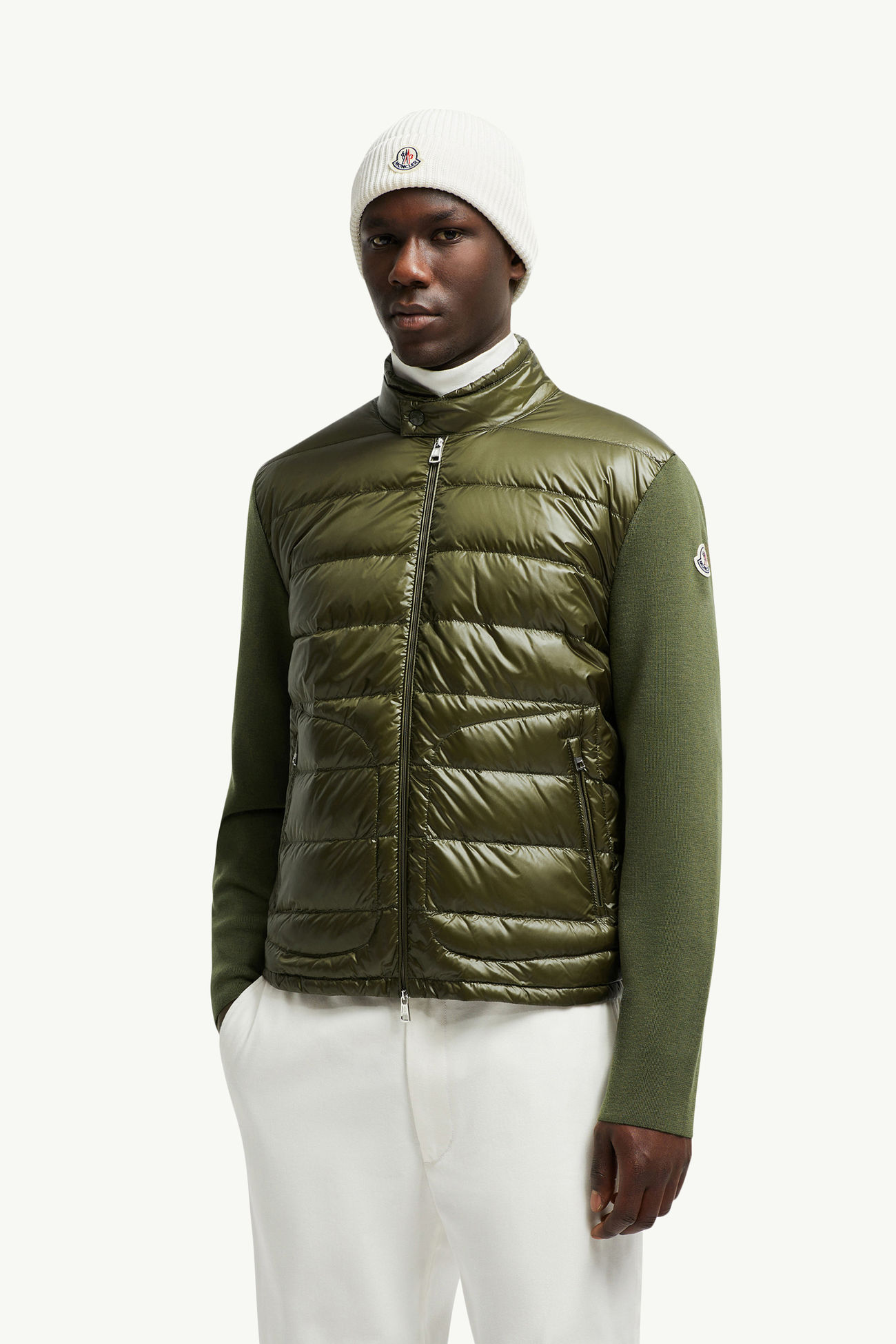 Cardigan zippé matelassé en laine Hommes Vert Olive Moncler 0