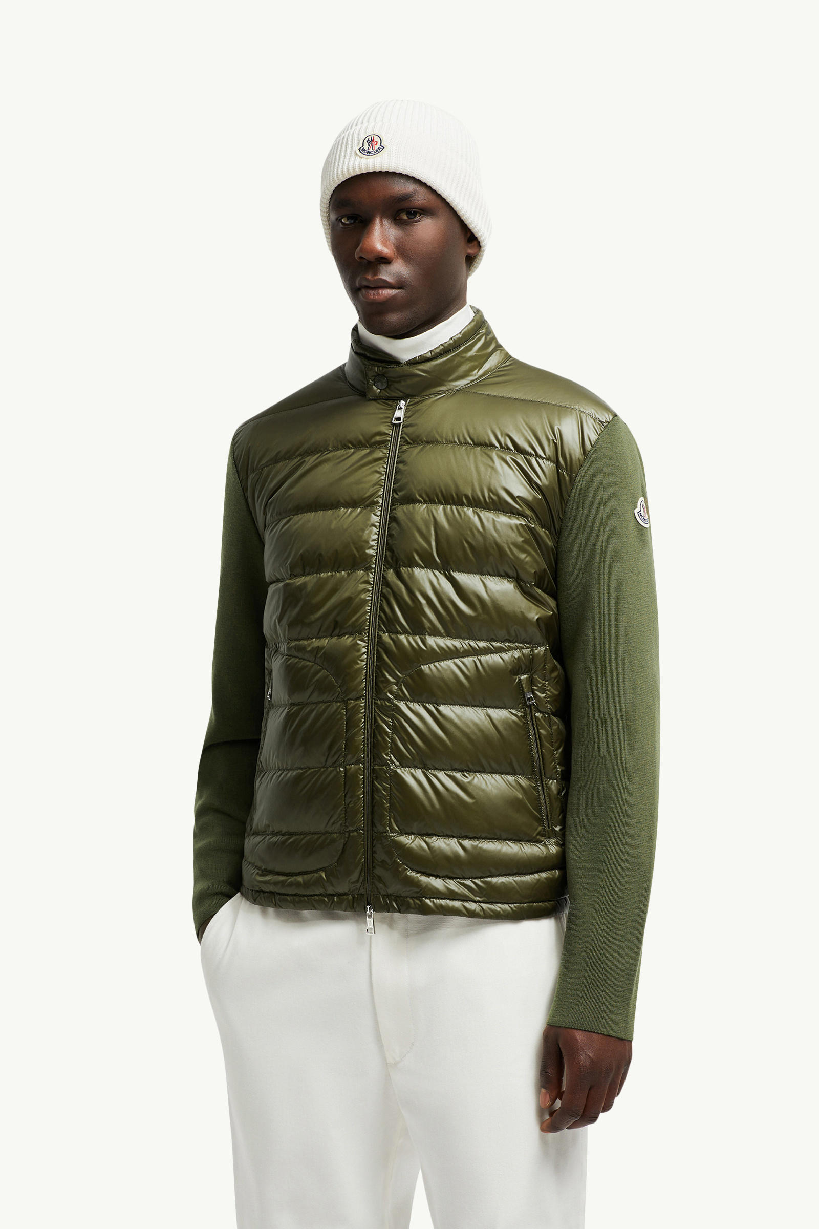 夾層羊毛拉鏈開襟毛衣 男士 橄欖綠色 Moncler 0