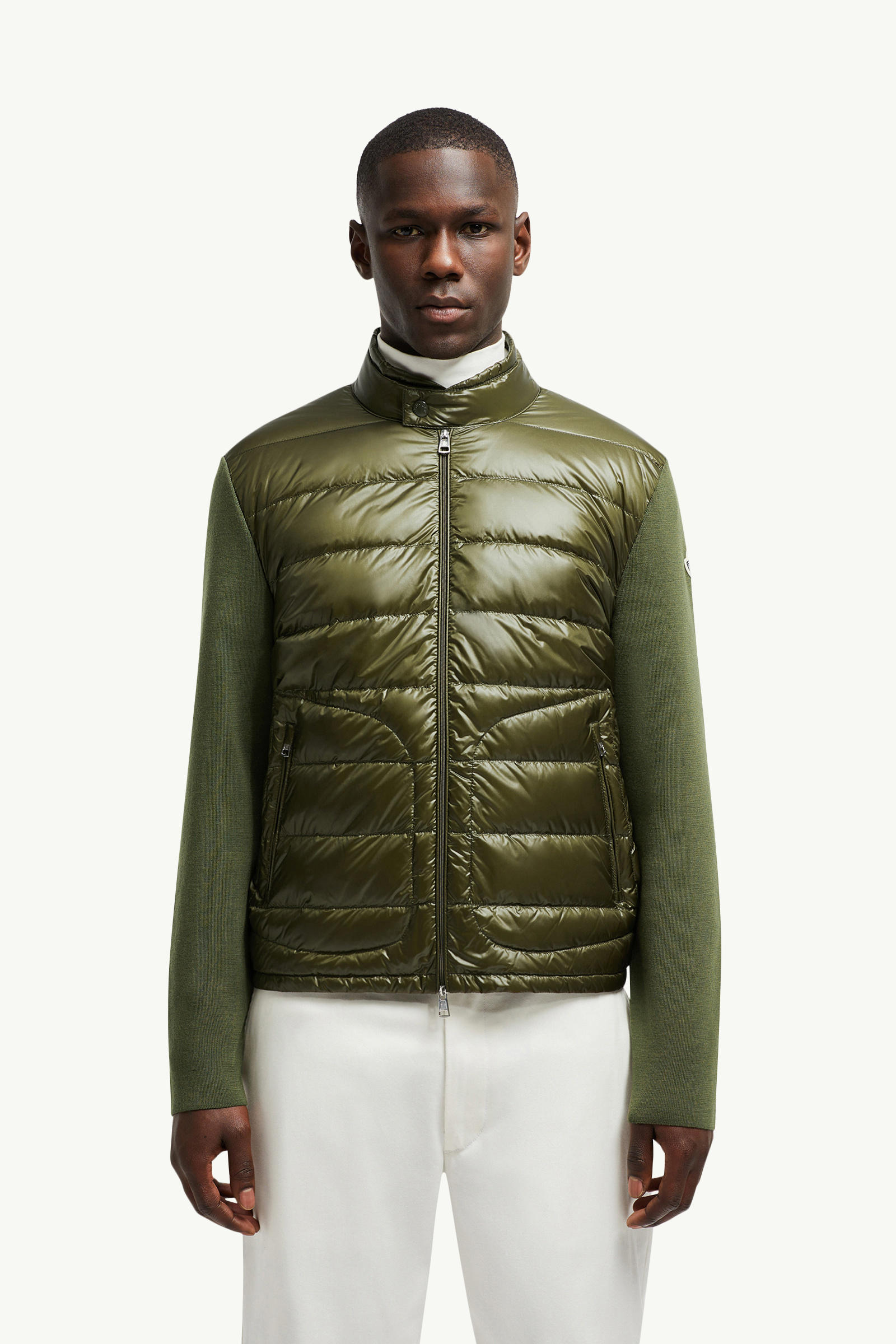 夾層羊毛拉鏈開襟毛衣 男士 橄欖綠色 Moncler 3