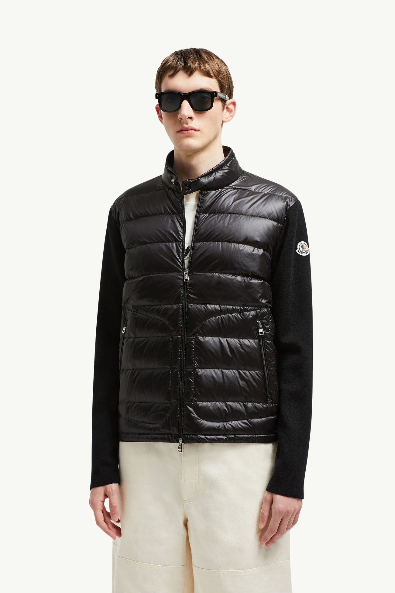Cardigan zippé matelassé en laine Hommes Noir Moncler 0