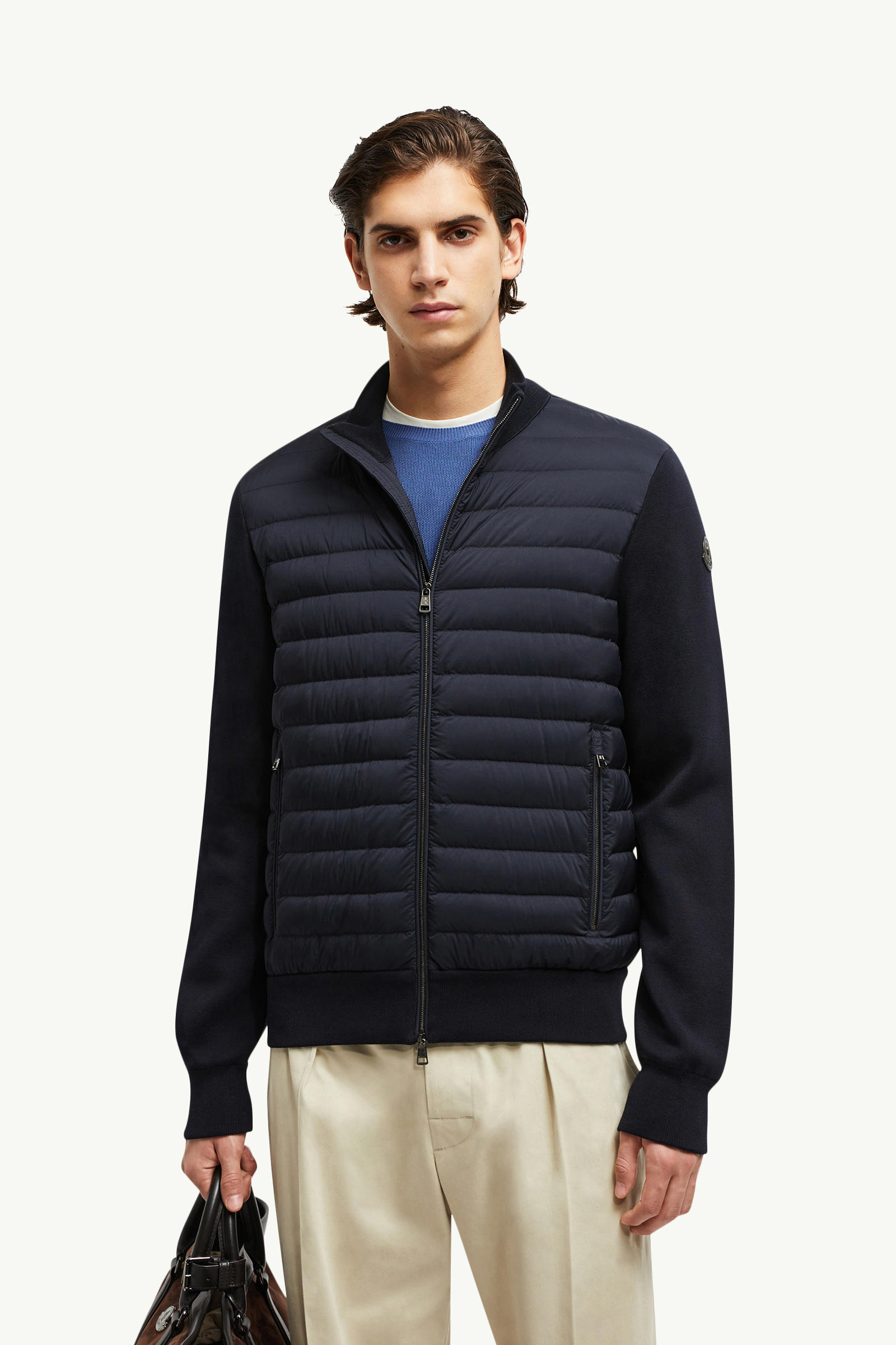 夾層縐紗棉質拉鏈開襟毛衣 男士 海軍藍色 Moncler 0