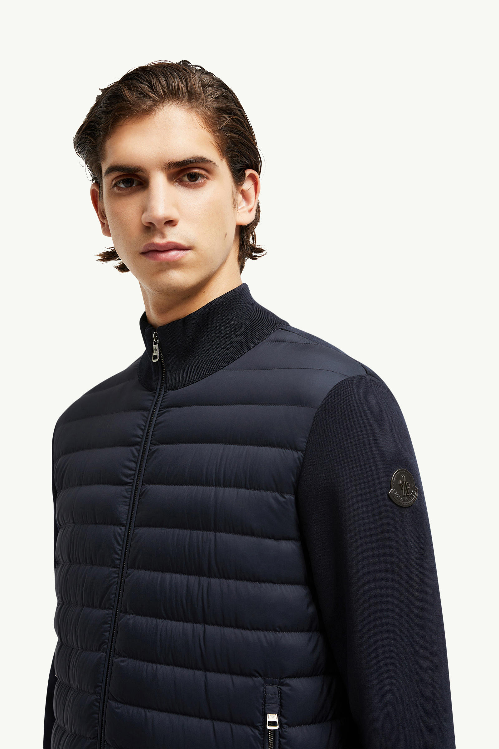 夾層縐紗棉質拉鏈開襟毛衣 男士 海軍藍色 Moncler 1