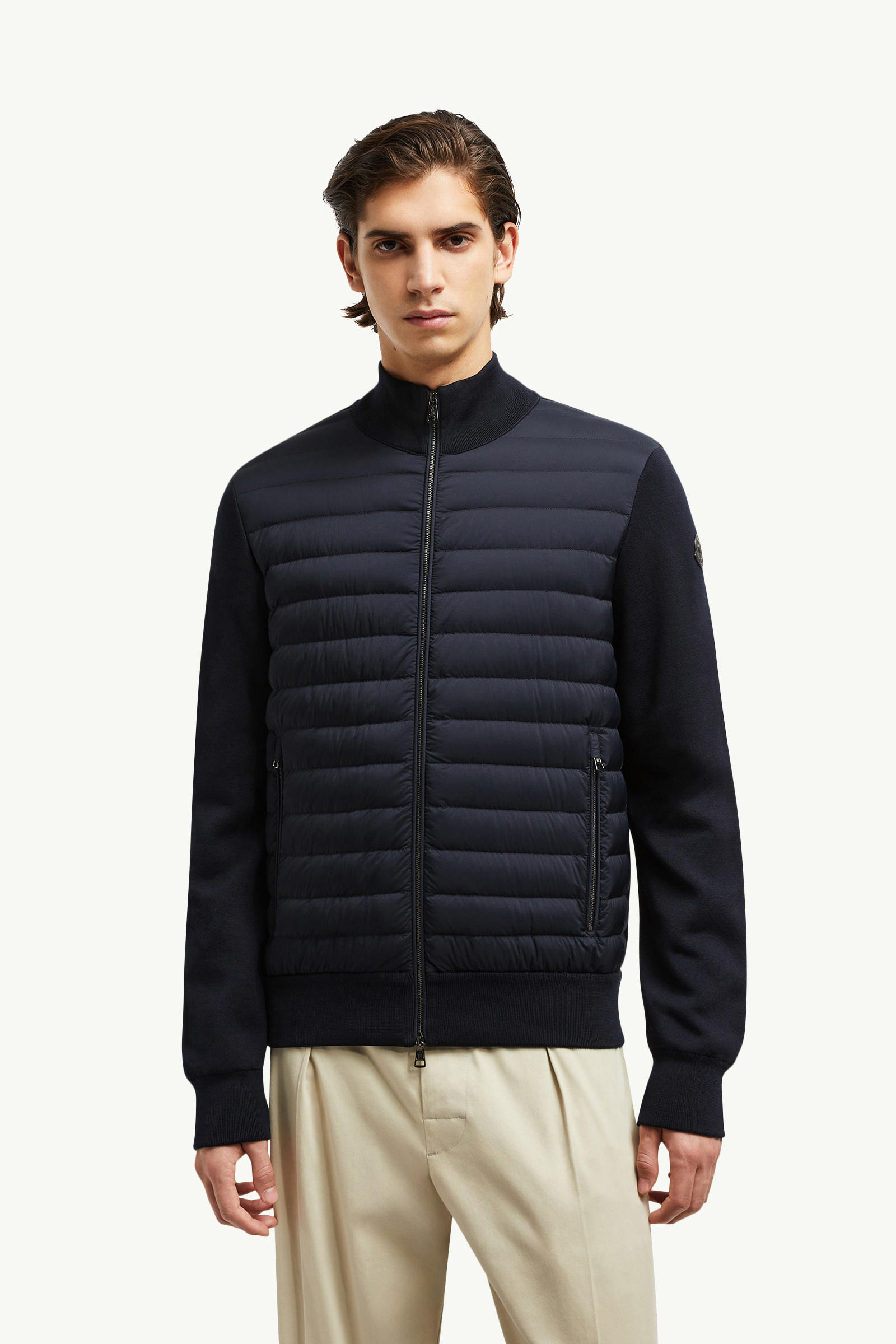 夾層縐紗棉質拉鏈開襟毛衣 男士 海軍藍色 Moncler 3