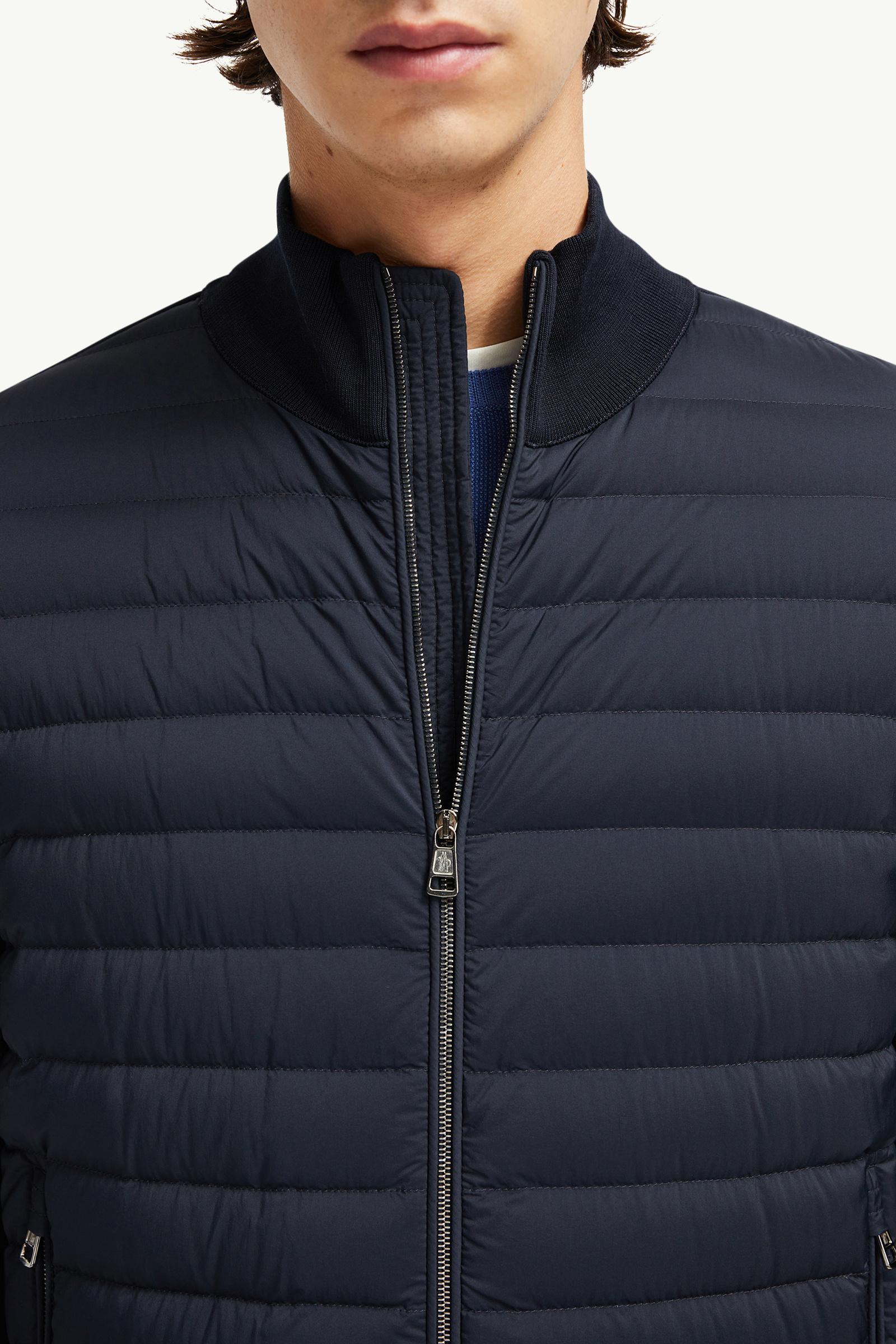 Navy Blue Padded Crêpe Cotton Zip-Up Cardigan - Sweaters