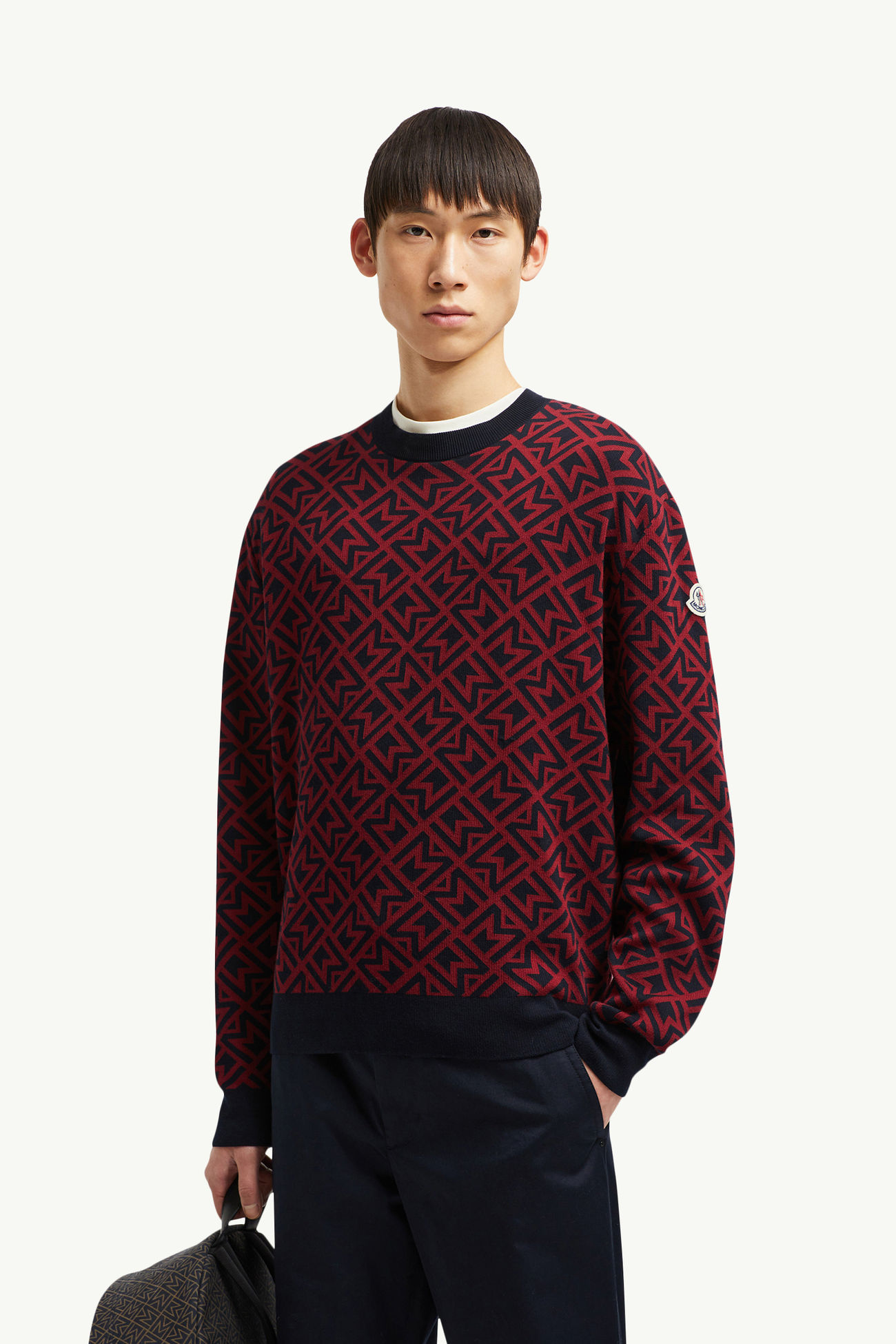Maglione in jacquard di cotone con monogramma Uomo Blu & Rosso Moncler 0