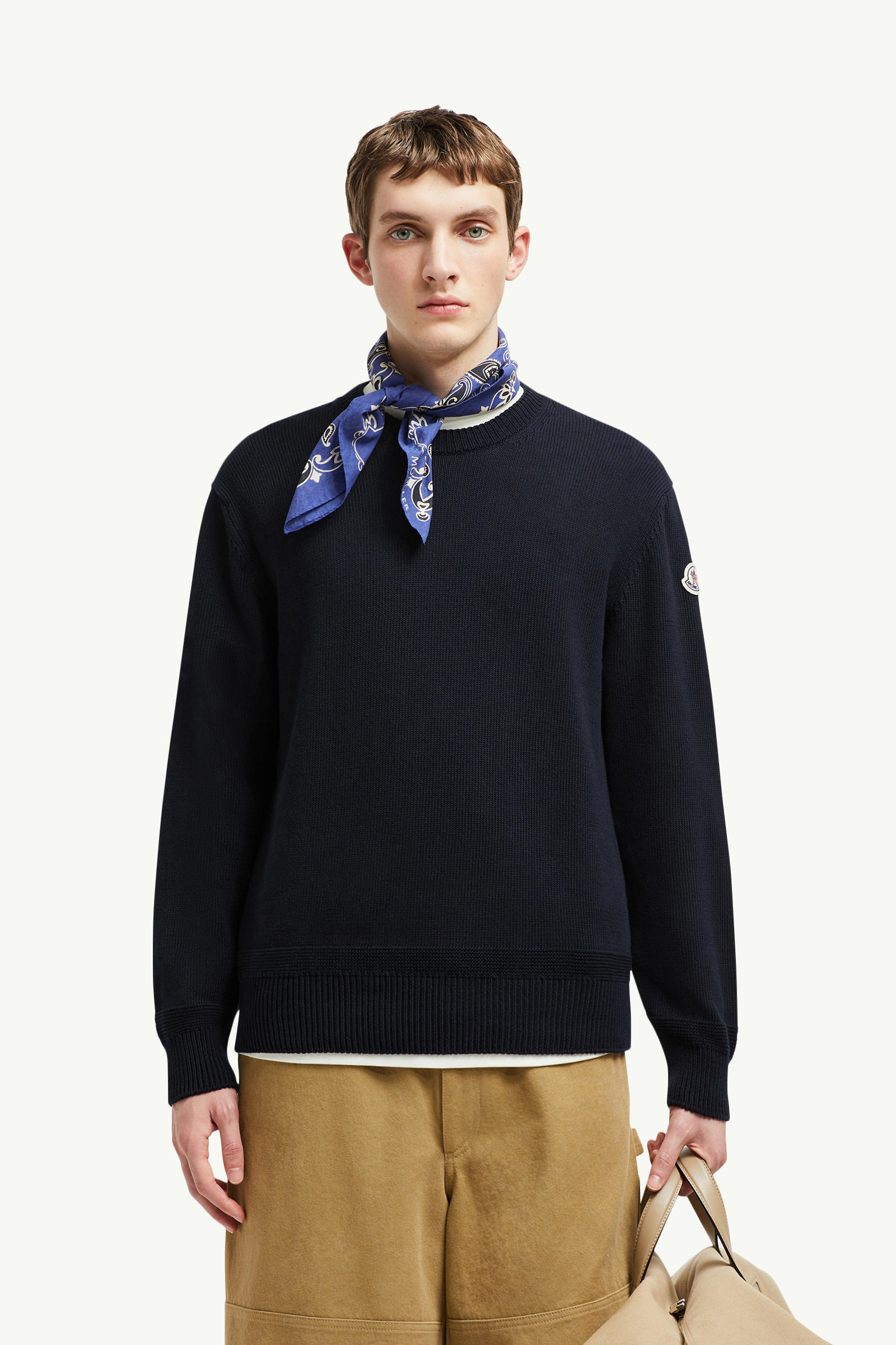 Logo Patch Cotton Sweater Men Navy Blue Moncler 0