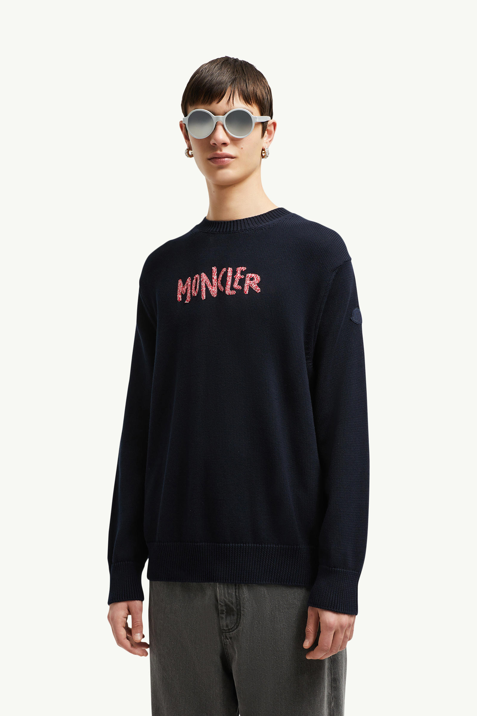 Pullover aus Baumwolle mit gesticktem zweifarbigen Logo Herren Dunkelblau Moncler 0