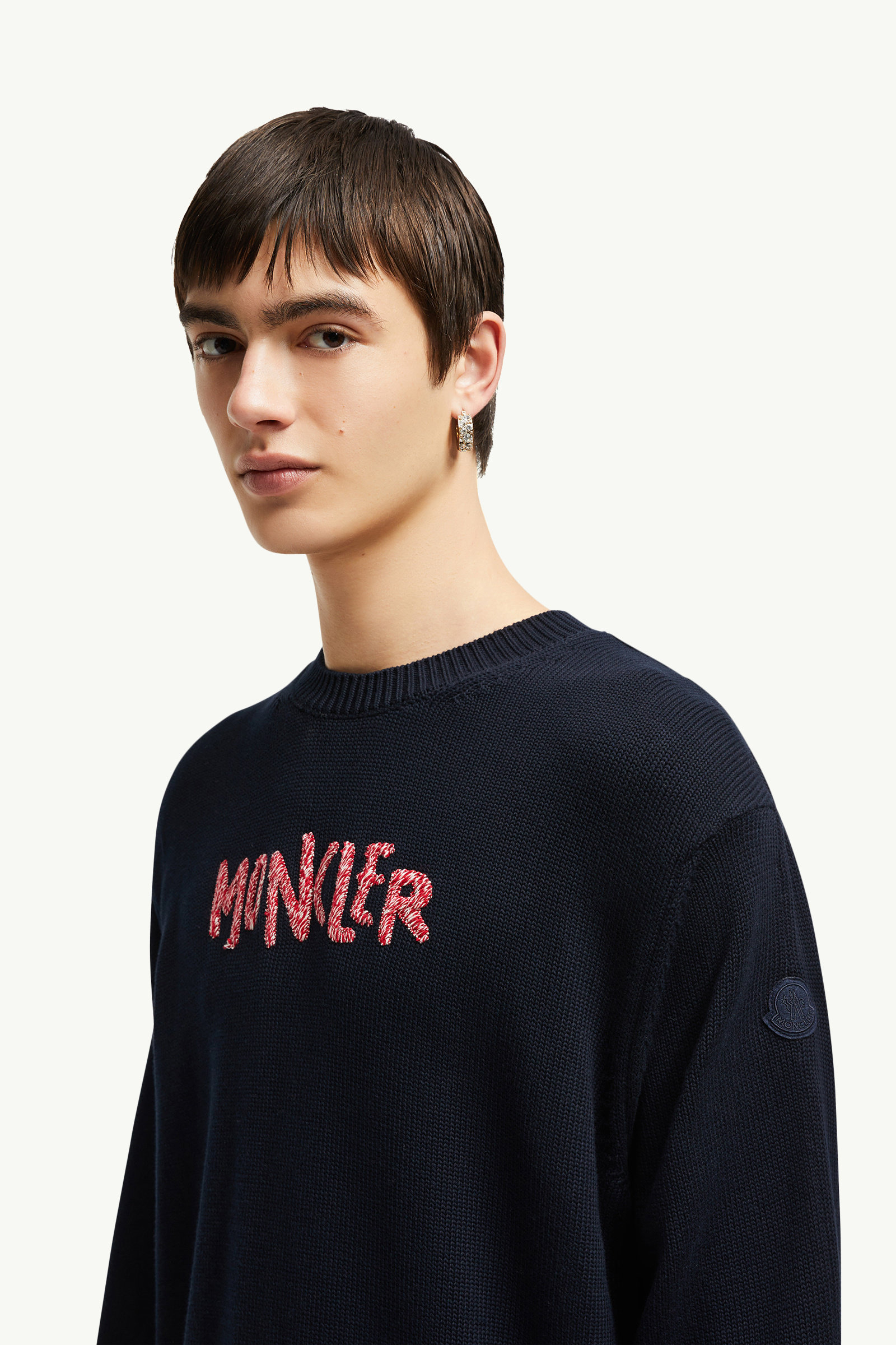Pullover aus Baumwolle mit gesticktem zweifarbigen Logo Herren Dunkelblau Moncler 1