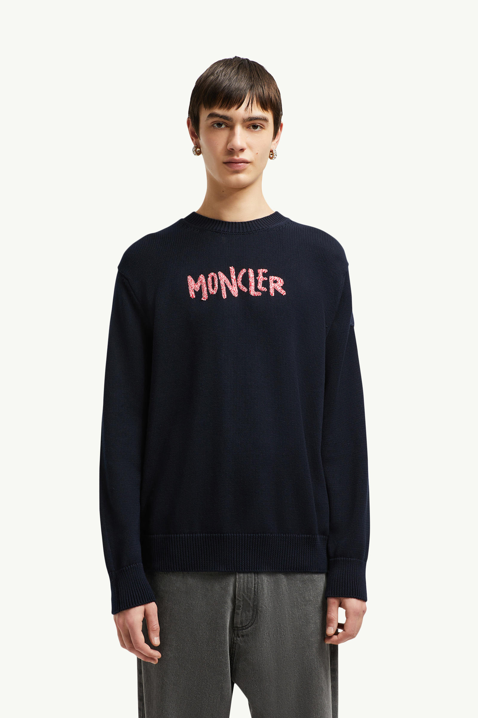 Pullover aus Baumwolle mit gesticktem zweifarbigen Logo Herren Dunkelblau Moncler 3