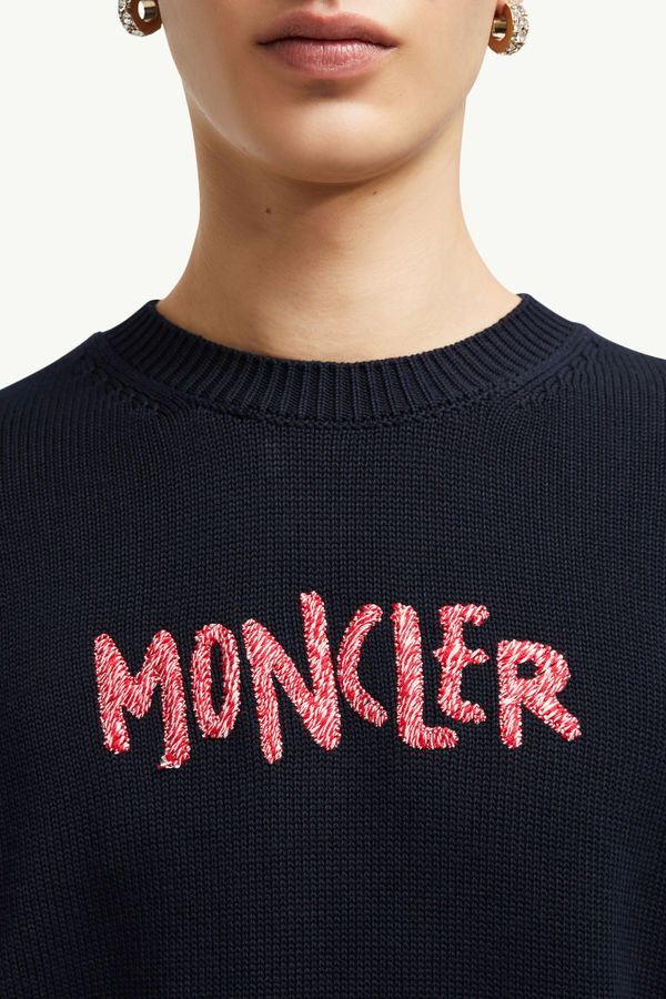Pull en coton à logo bicolore brodé Hommes Bleu foncé Moncler 5