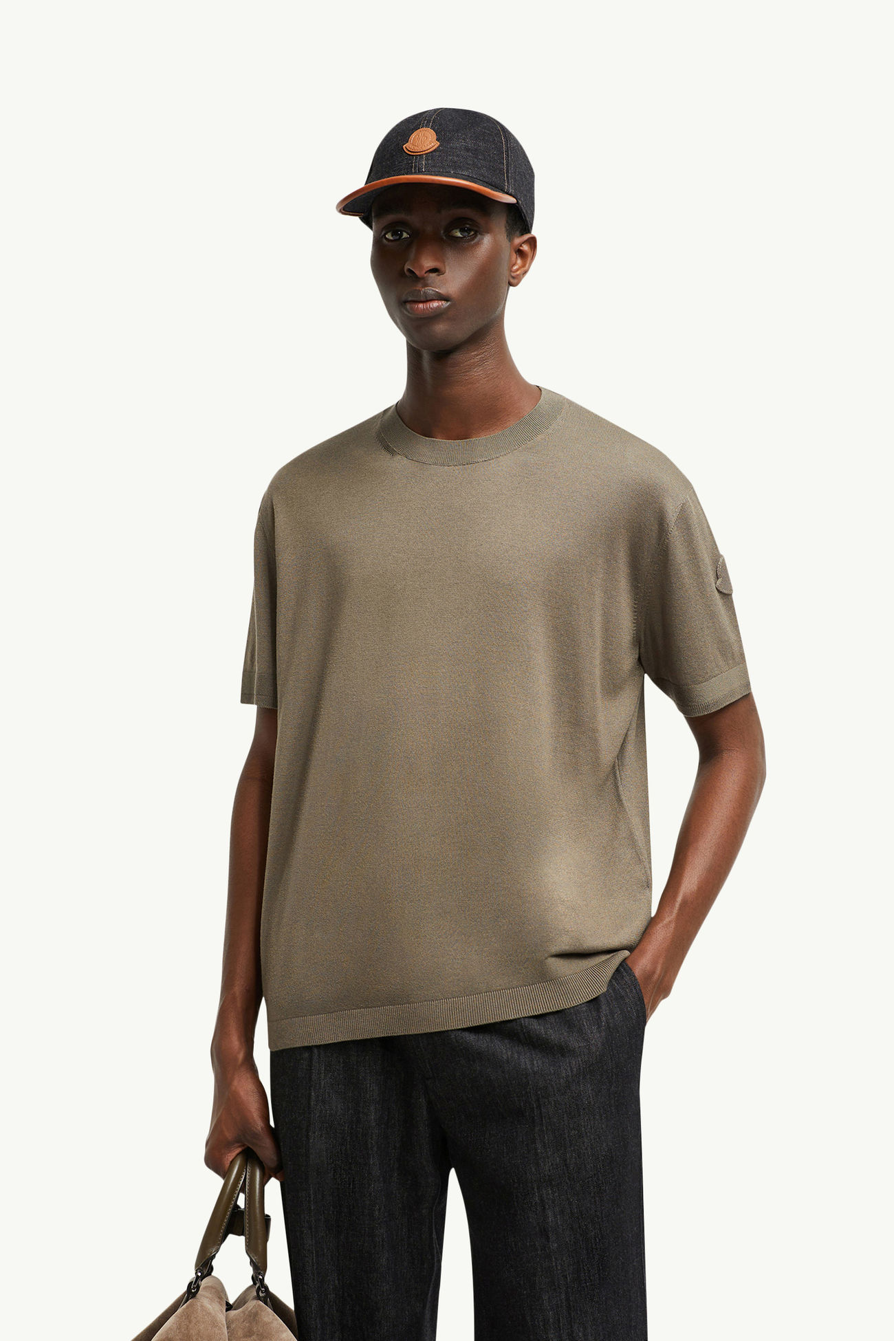 Silk & Cotton Knit T-Shirt Men Taupe Moncler 0