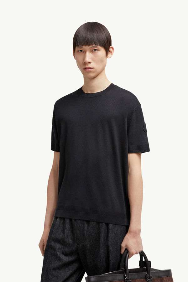 Silk & Cotton Knit T-Shirt Men Black Moncler 0