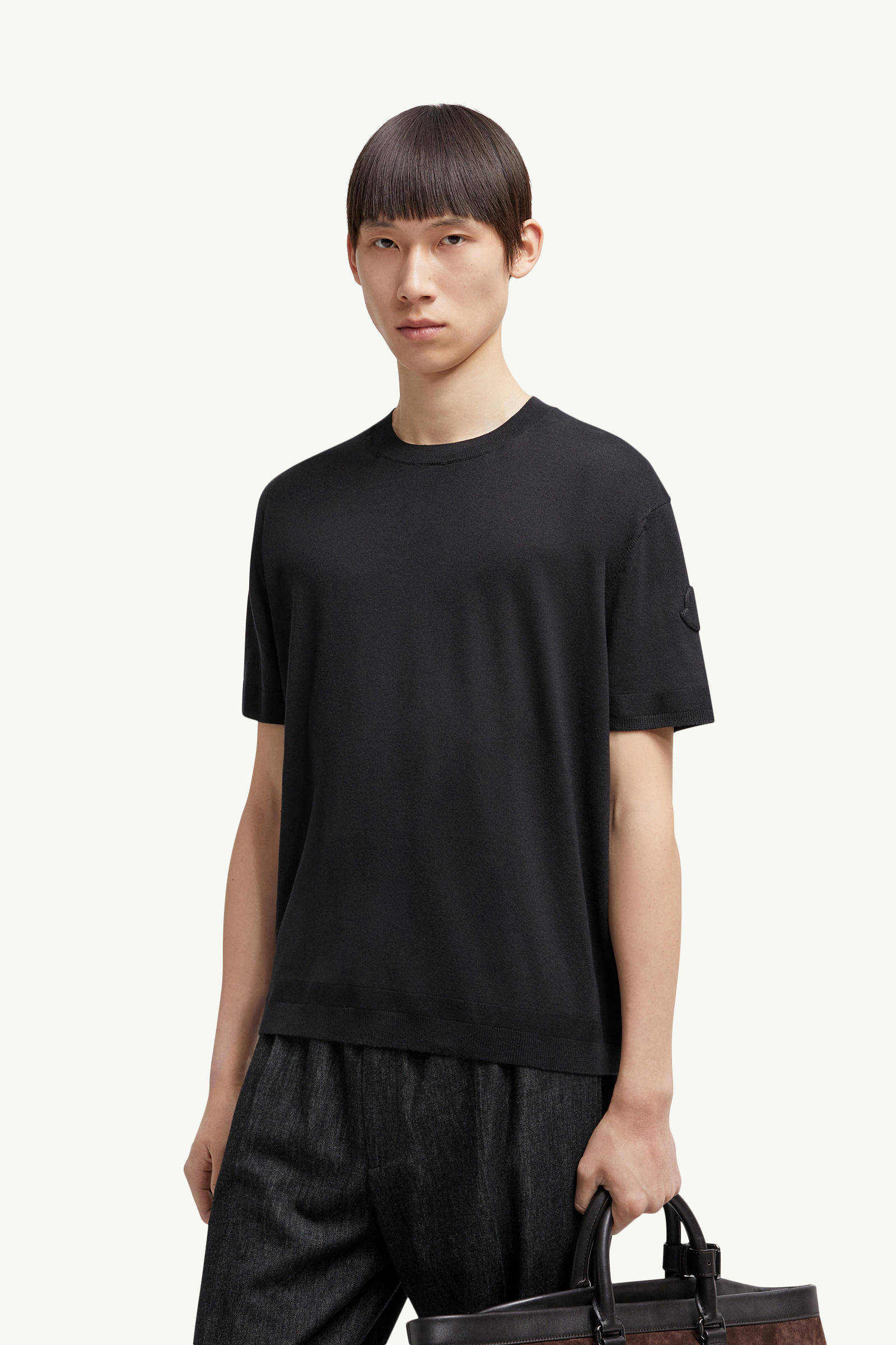 Silk & Cotton Knit T-Shirt Men Black Moncler 0