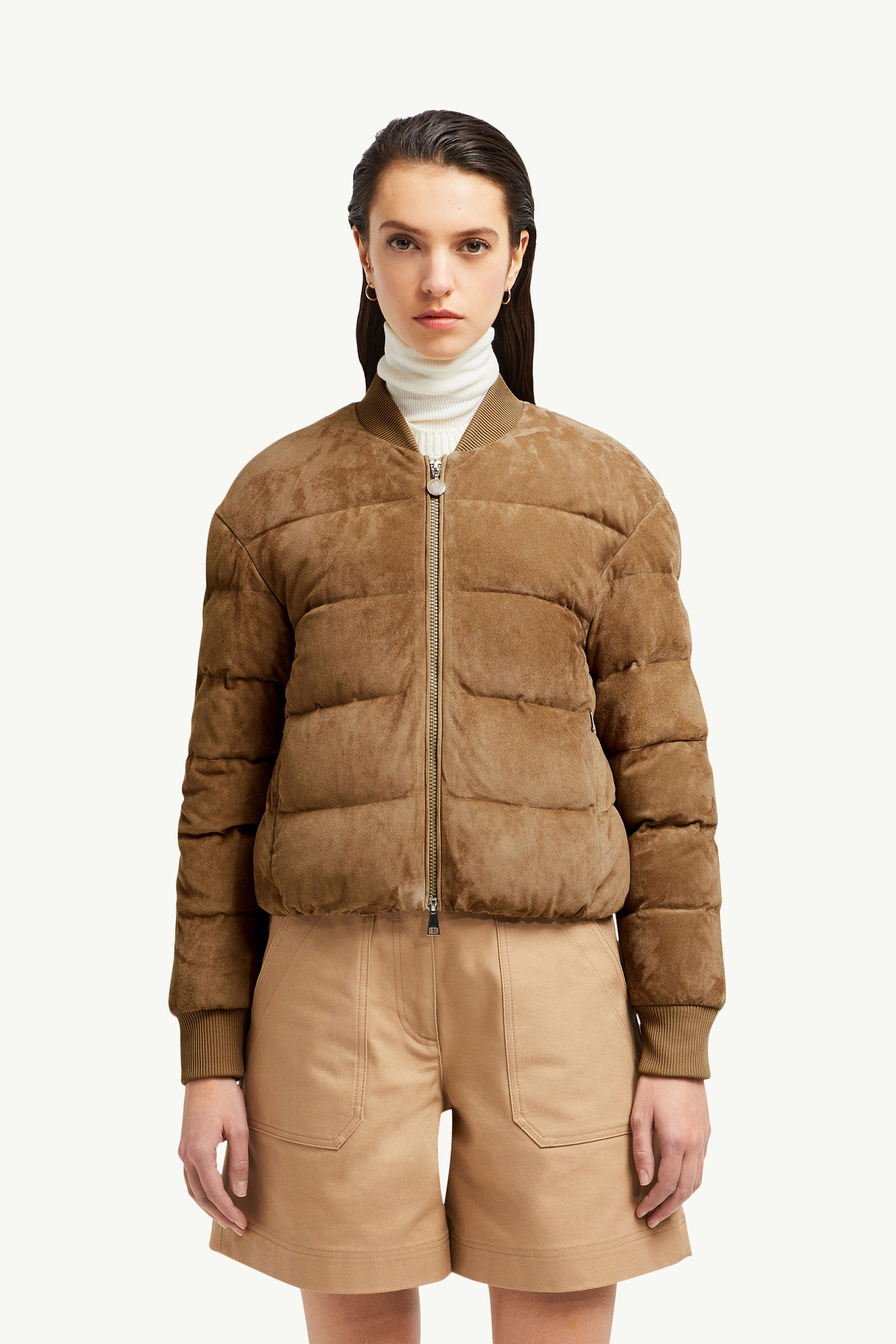 Pollet Suede Down Bomber Jacket Women Brown Moncler 3