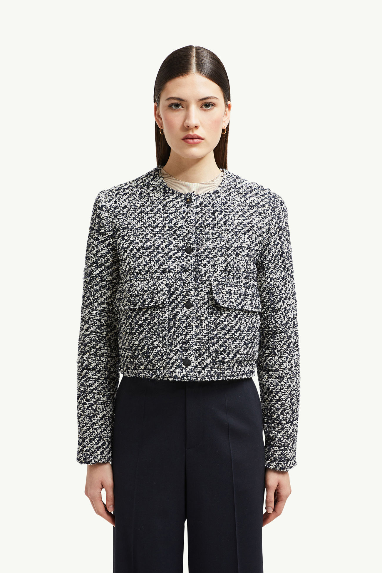 Dauphin kurze Daunenjacke aus Tweed Damen Weiss & Blau Moncler 3