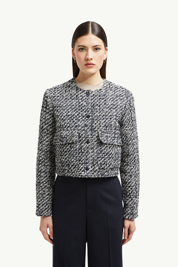 Dauphin Tweed Short Down Jacket Women White & Blue Moncler 3