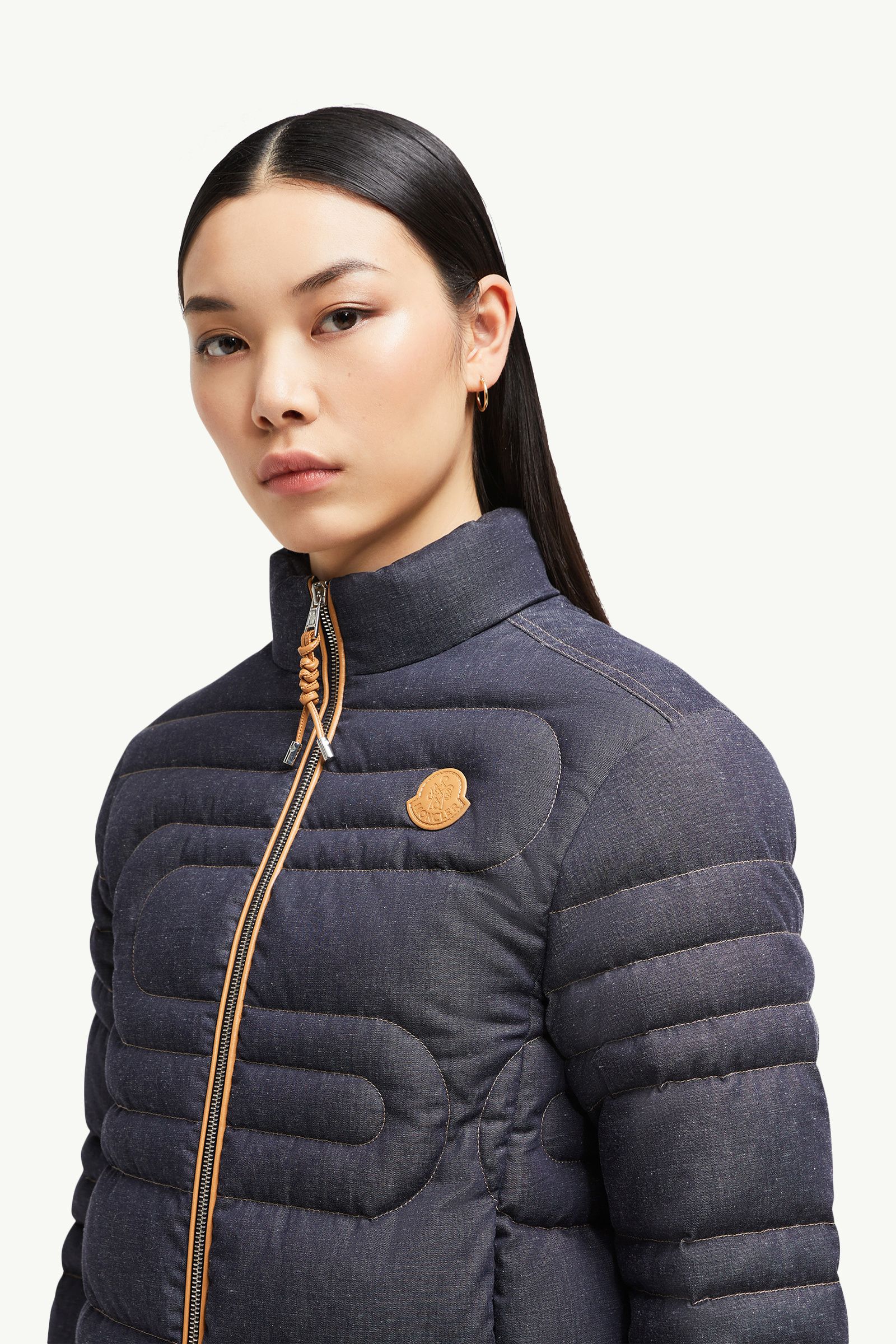 Xiaoqing Snake-Quilted Denim Short Down Jacket Women Denim Blue Moncler 1