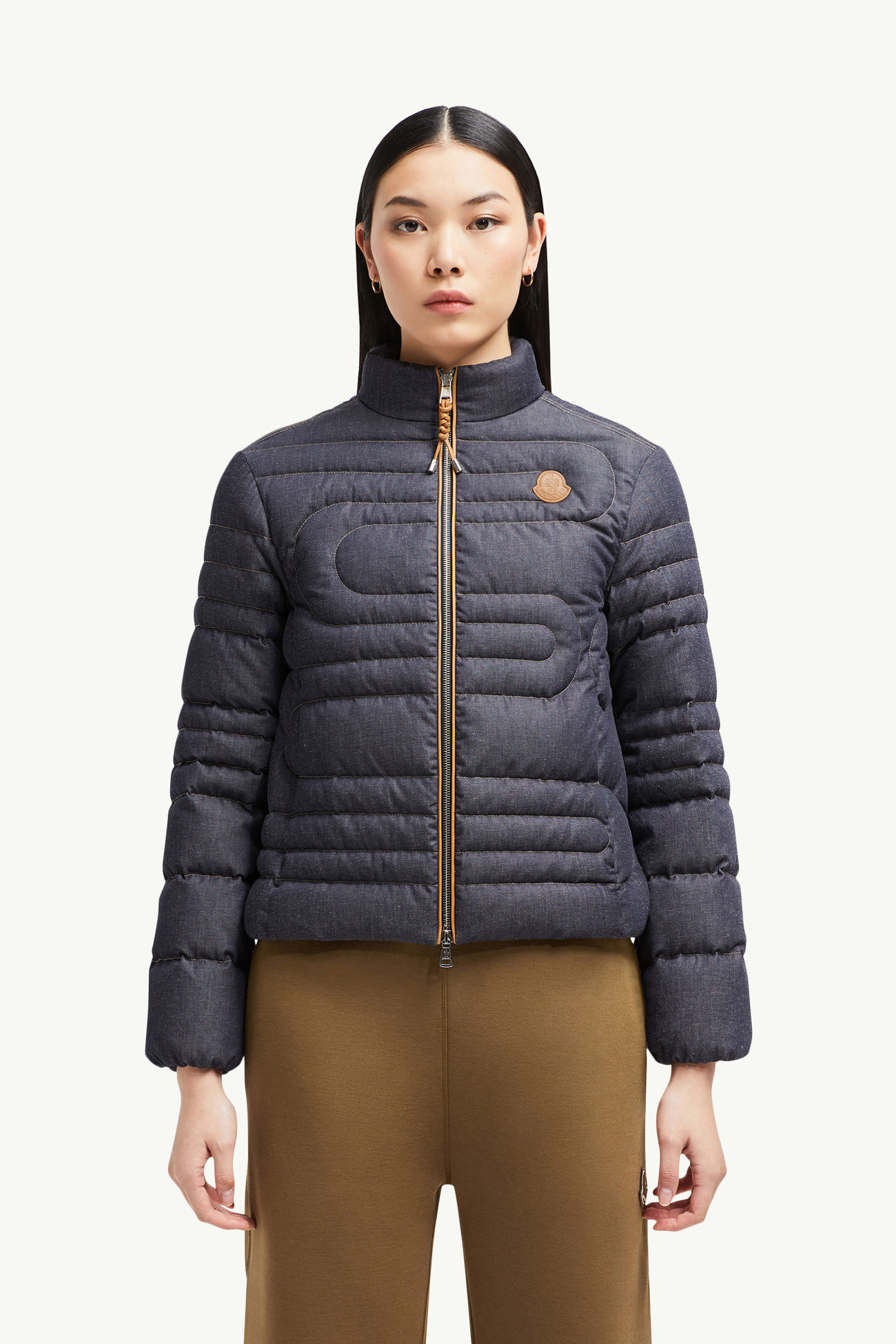 Plumífero corto de tejido vaquero con acolchado de serpiente Xiaoqing Mujer Azul Denim Moncler 3