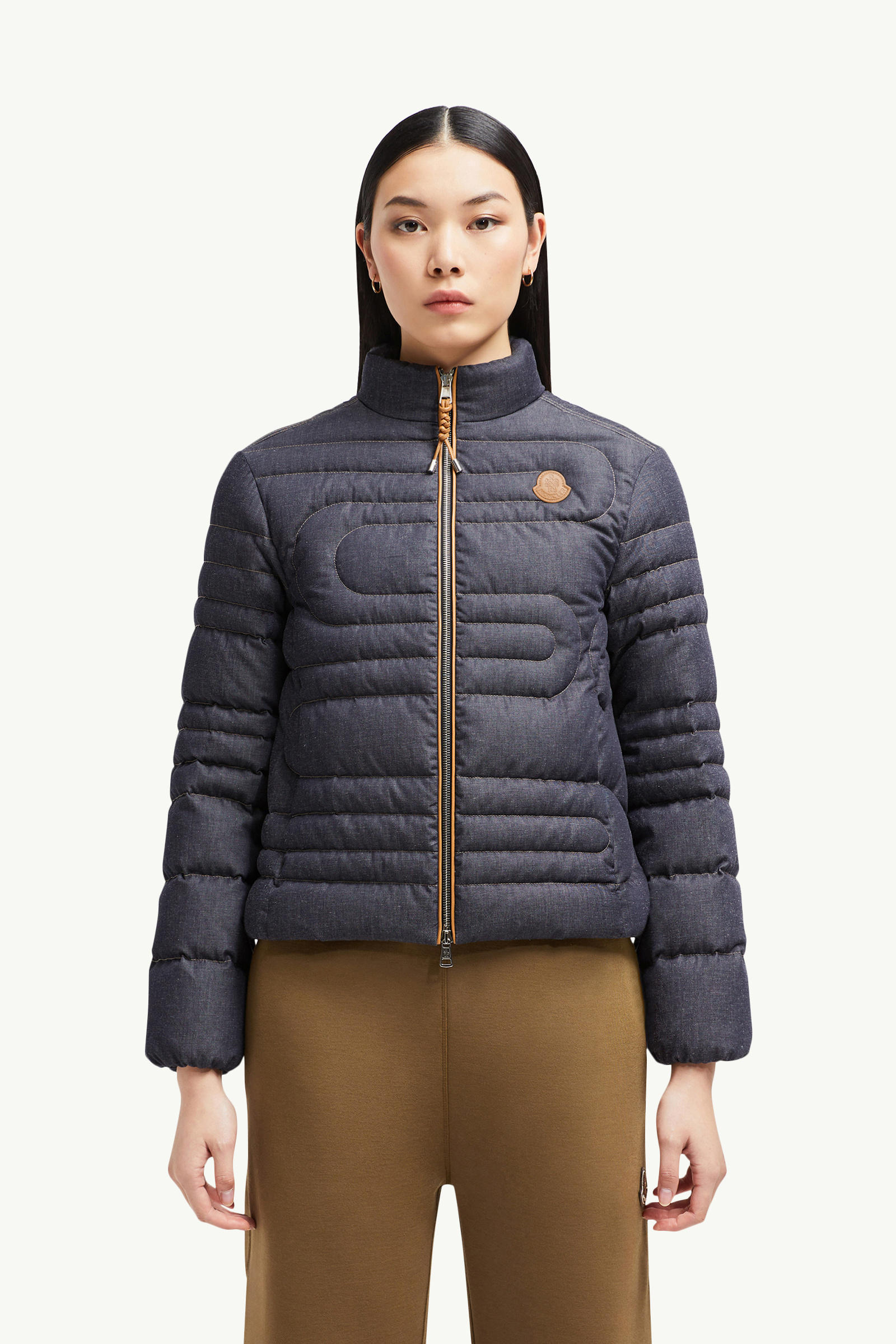 Xiaoqing Snake-Quilted Denim Short Down Jacket Women Denim Blue Moncler 3