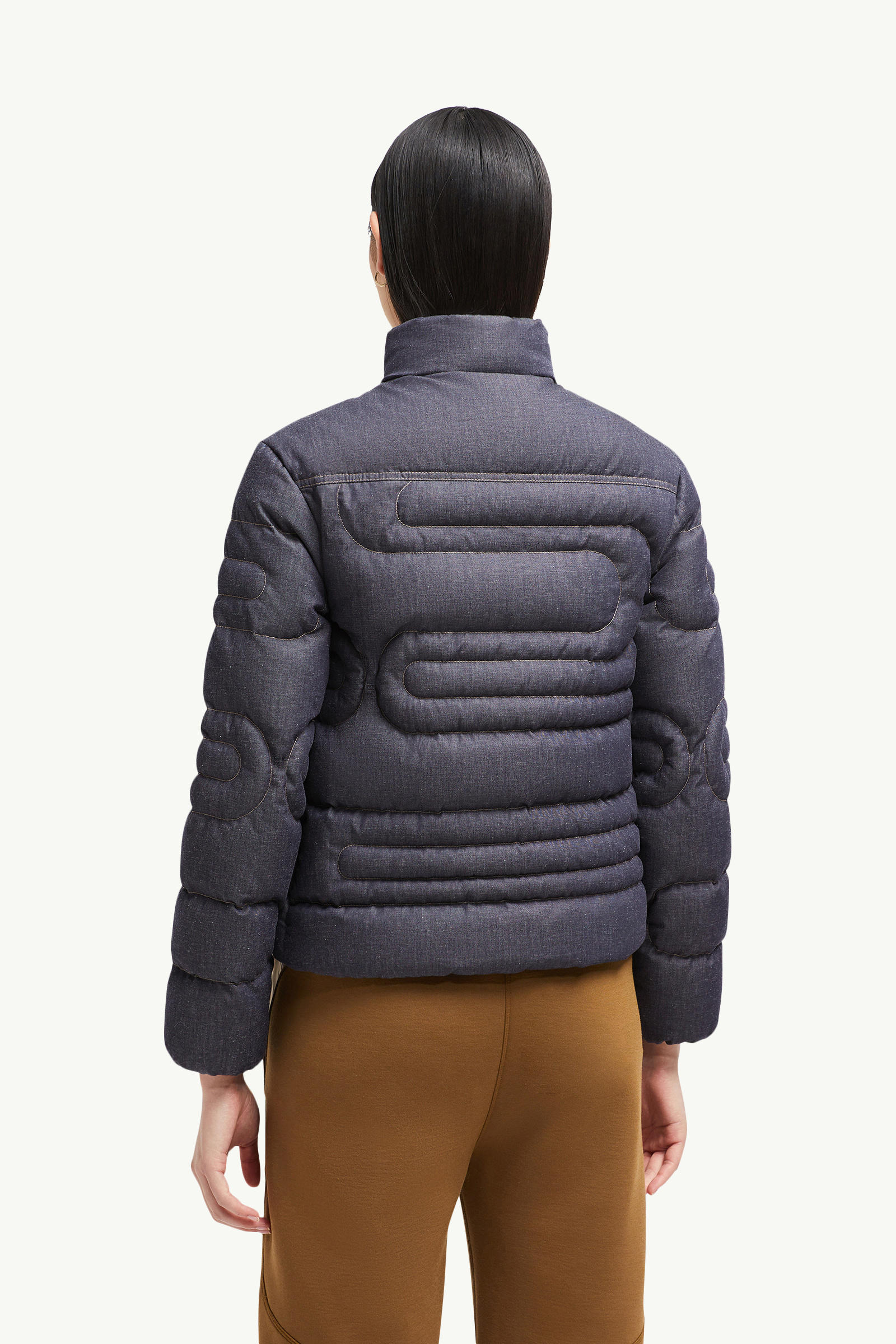 Xiaoqing Snake-Quilted Denim Short Down Jacket Women Denim Blue Moncler 4