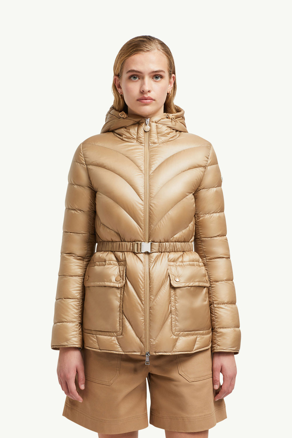 Argenno mittellange Daunenjacke mit Kapuze Damen Camel-Beige Moncler 3