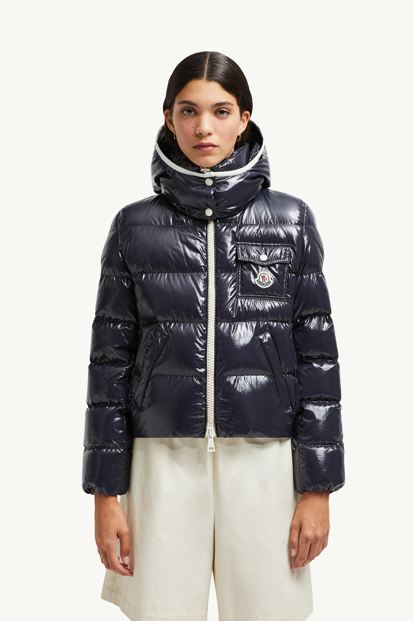 Andro Hooded Short Down Jacket Women Navy Blue Moncler 3