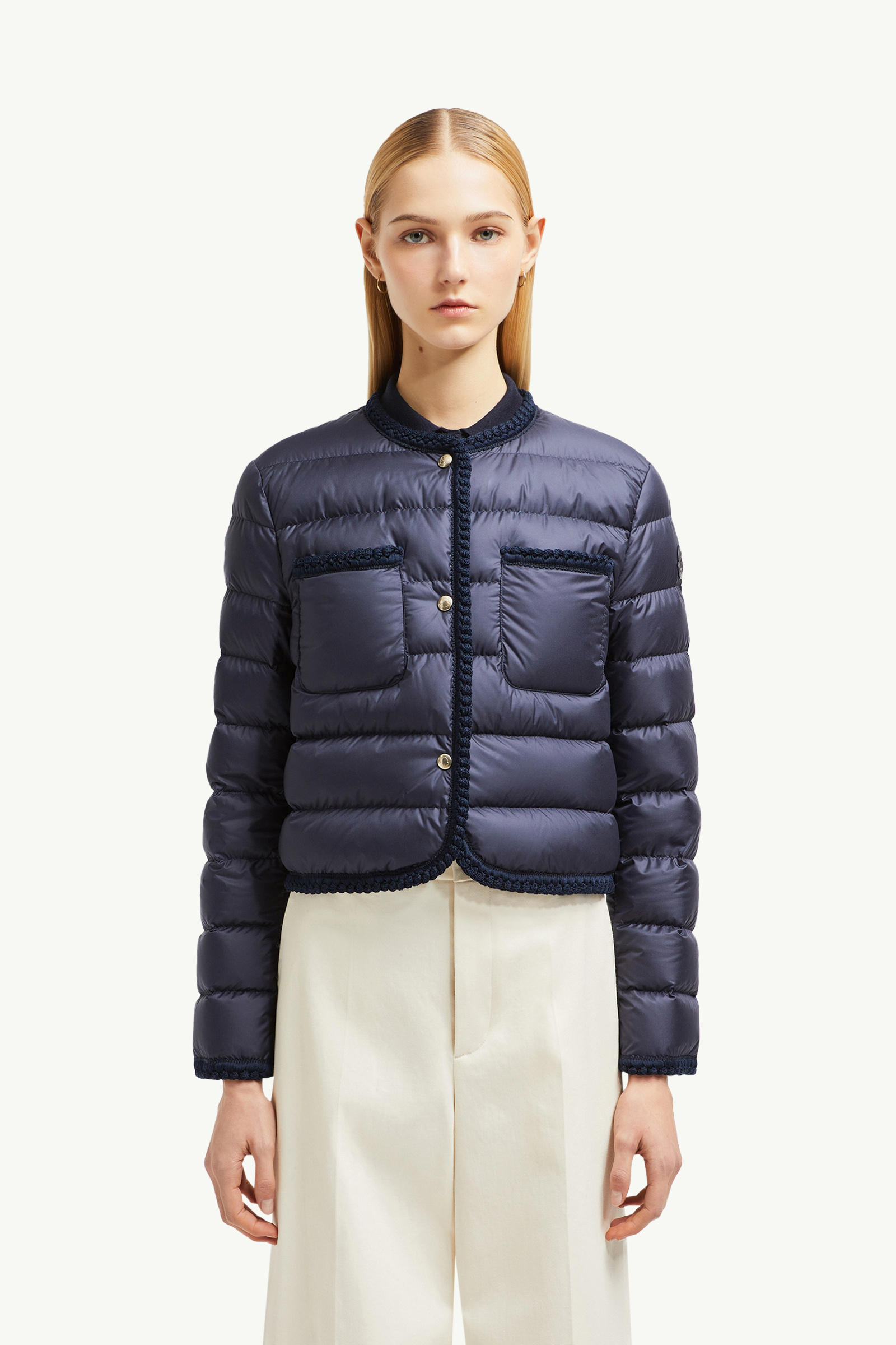 Gencay Braided Trim Short Down Jacket Women Navy Blue Moncler 3