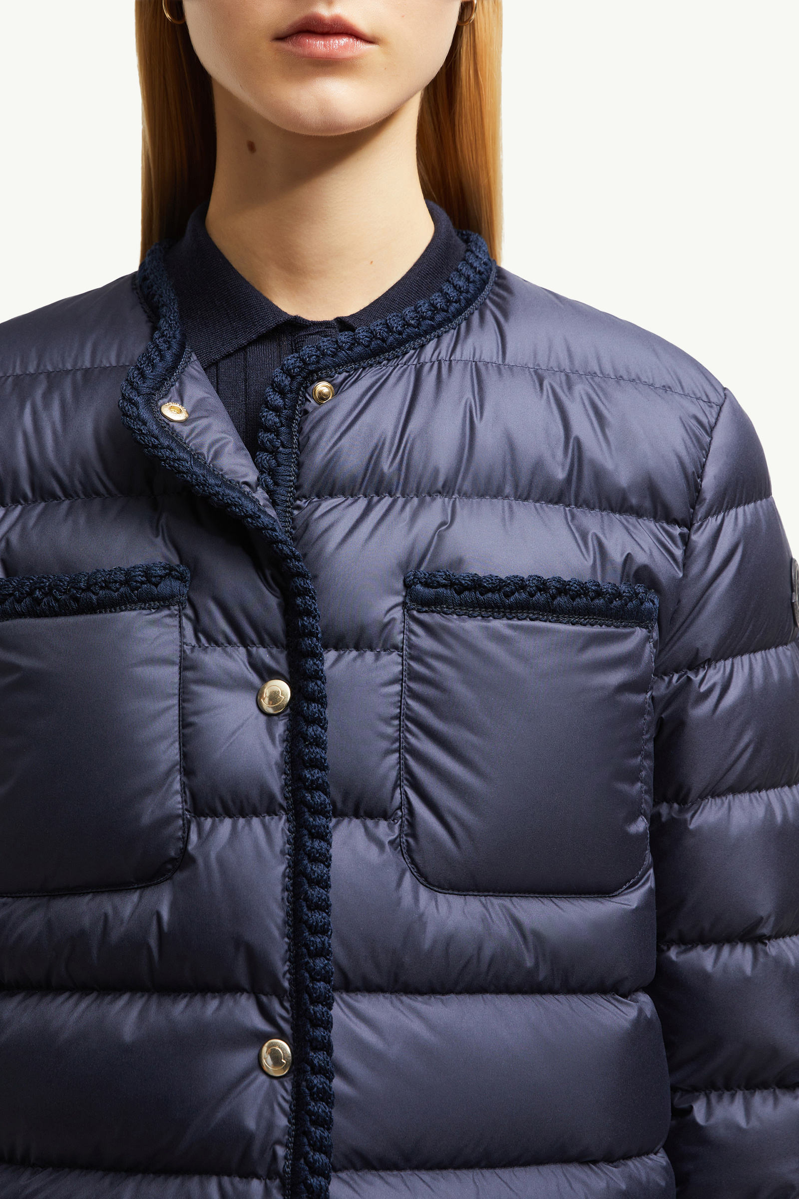 Gencay Braided Trim Short Down Jacket Women Navy Blue Moncler 5