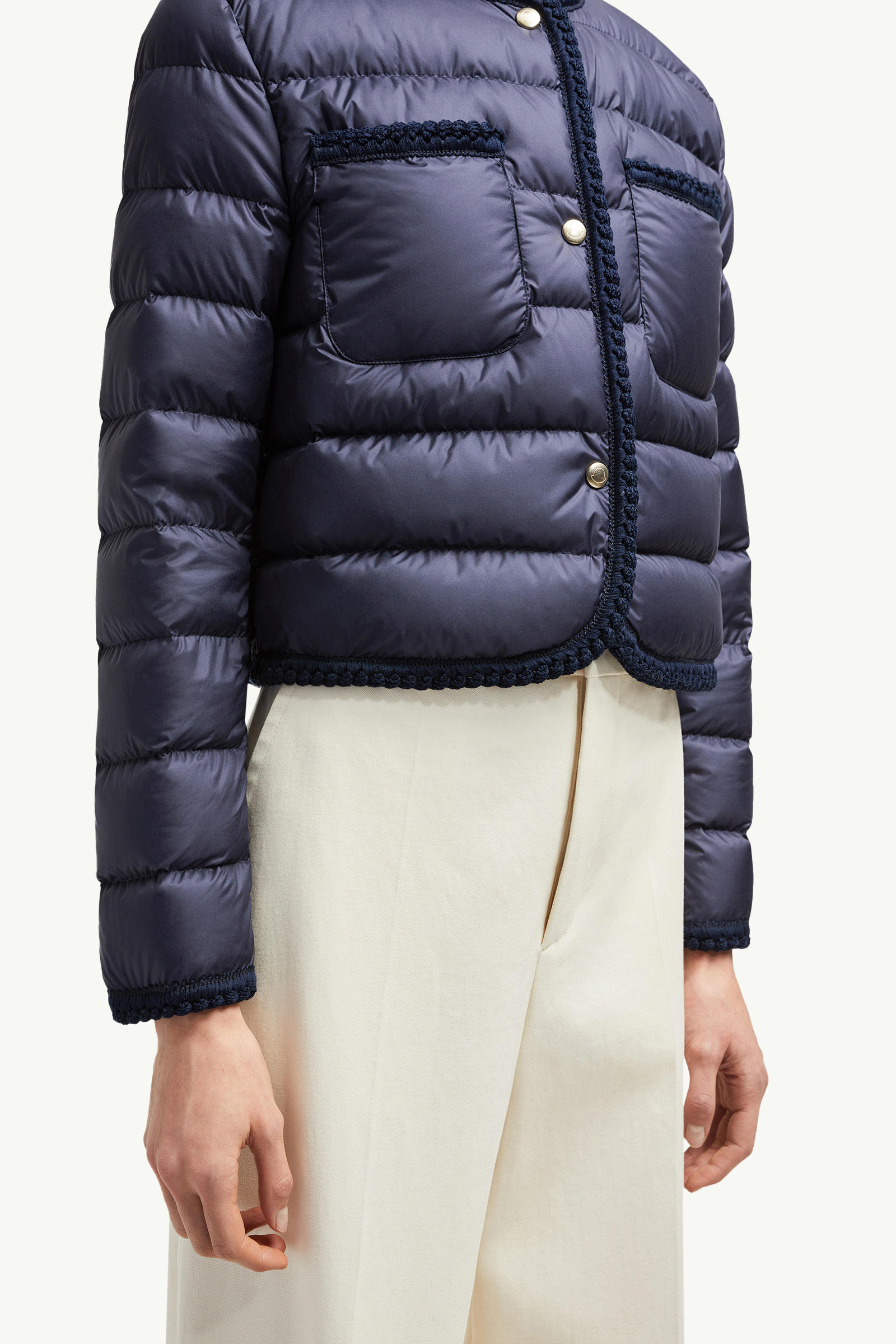 Gencay Braided Trim Short Down Jacket Women Navy Blue Moncler 6