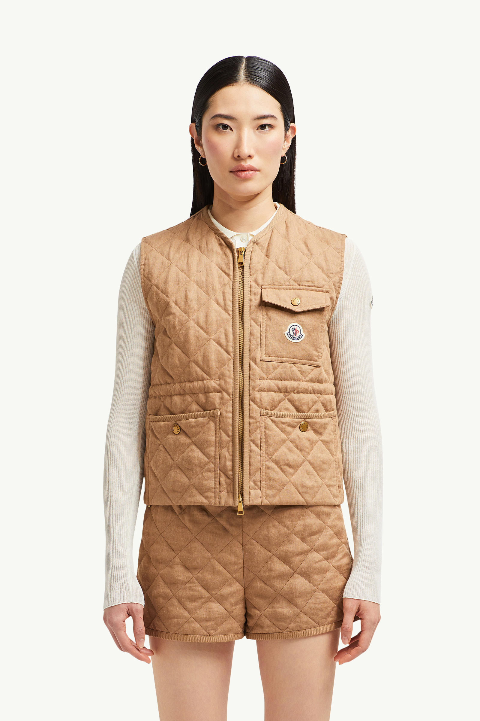 Chaleco de lino acolchado con motivo de rombos Vigny Mujer Beige Camel Moncler 3