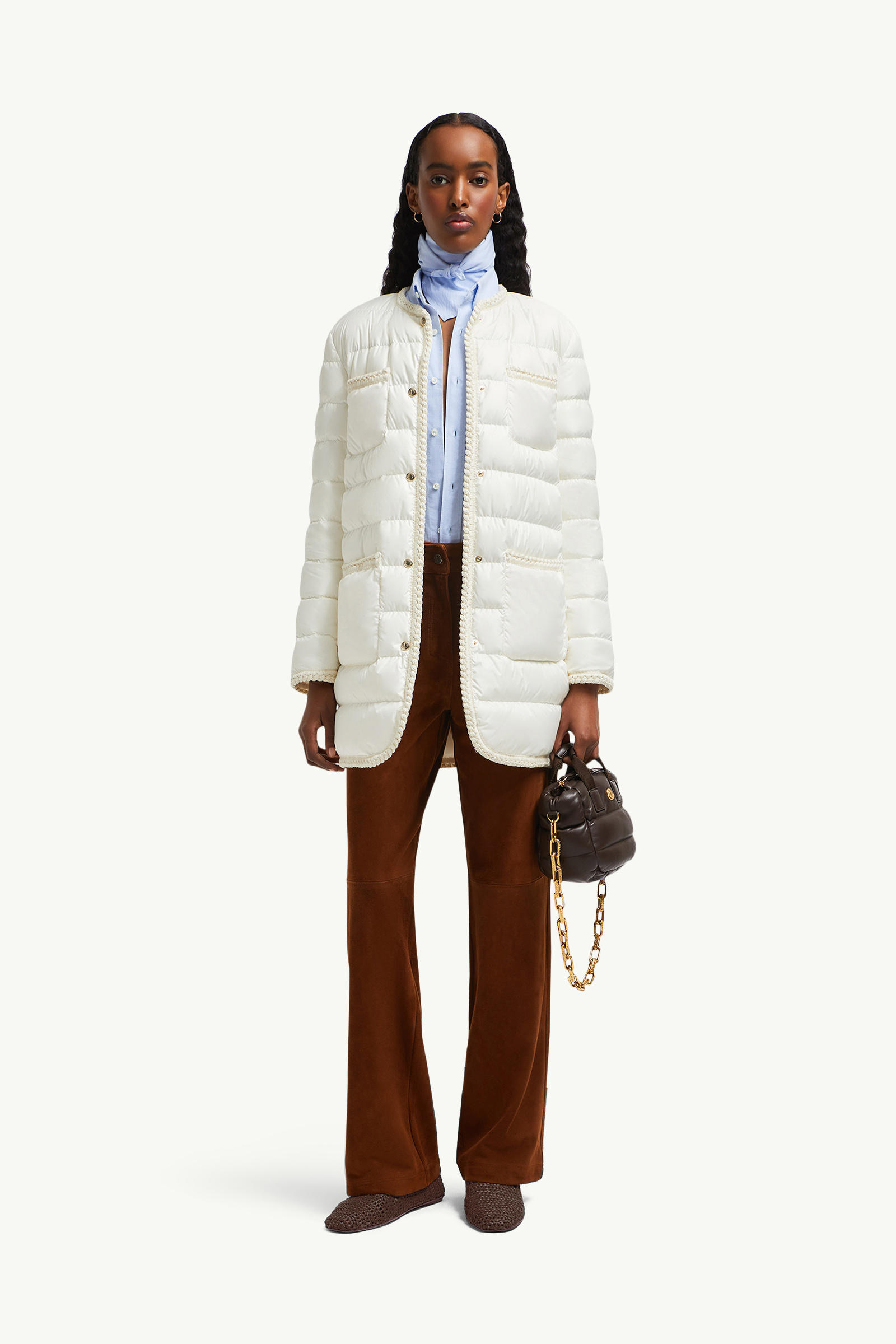 Gencaylong Braided Trim Mid-Length Down Jacket Women White Moncler 0