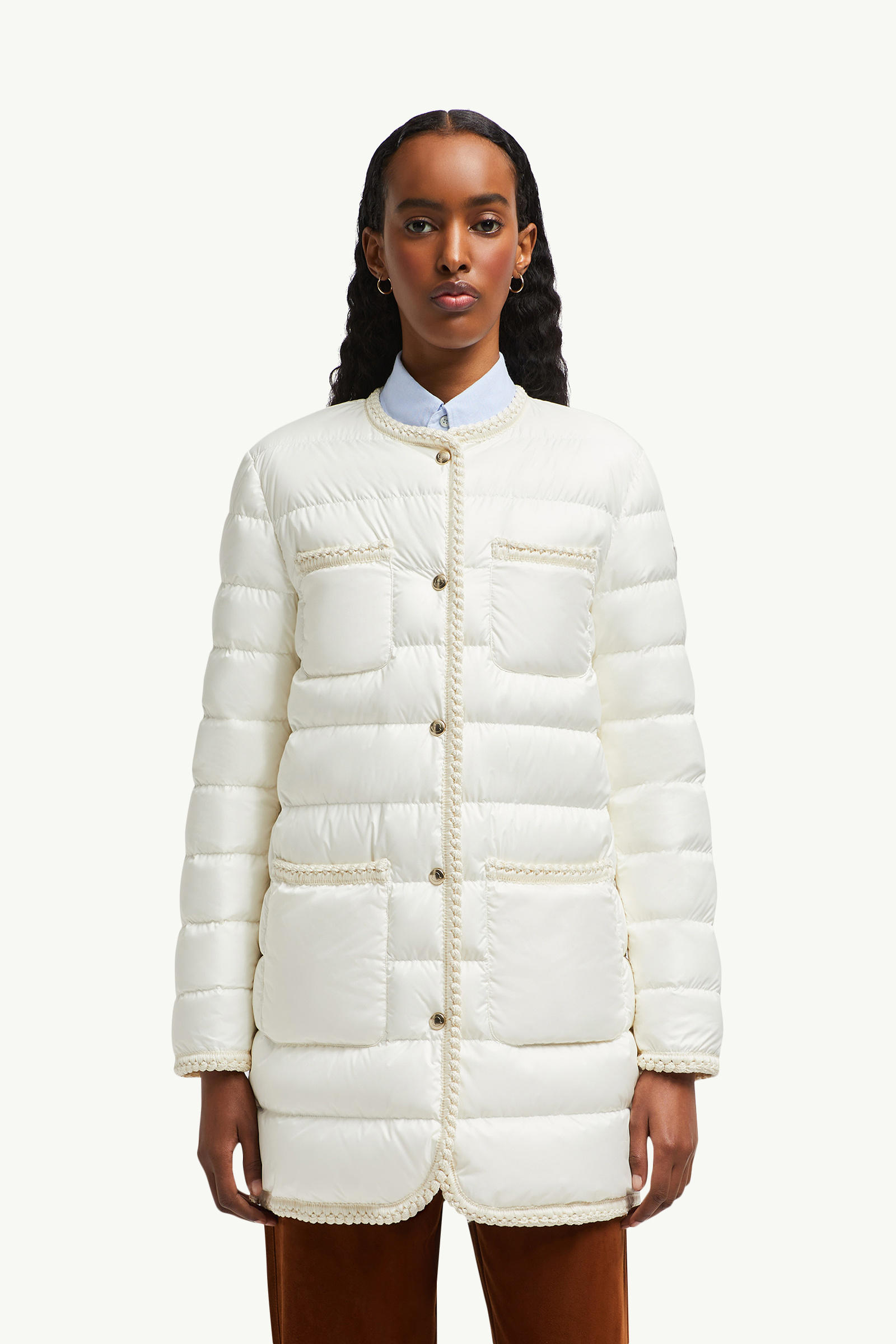 Gencaylong Braided Trim Mid-Length Down Jacket Women White Moncler 3
