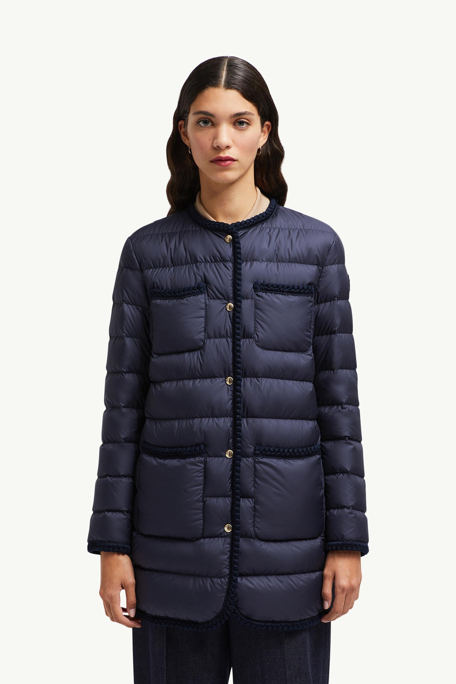 Navy Blue Gencaylong Braided Trim Mid-Length Down Jacket