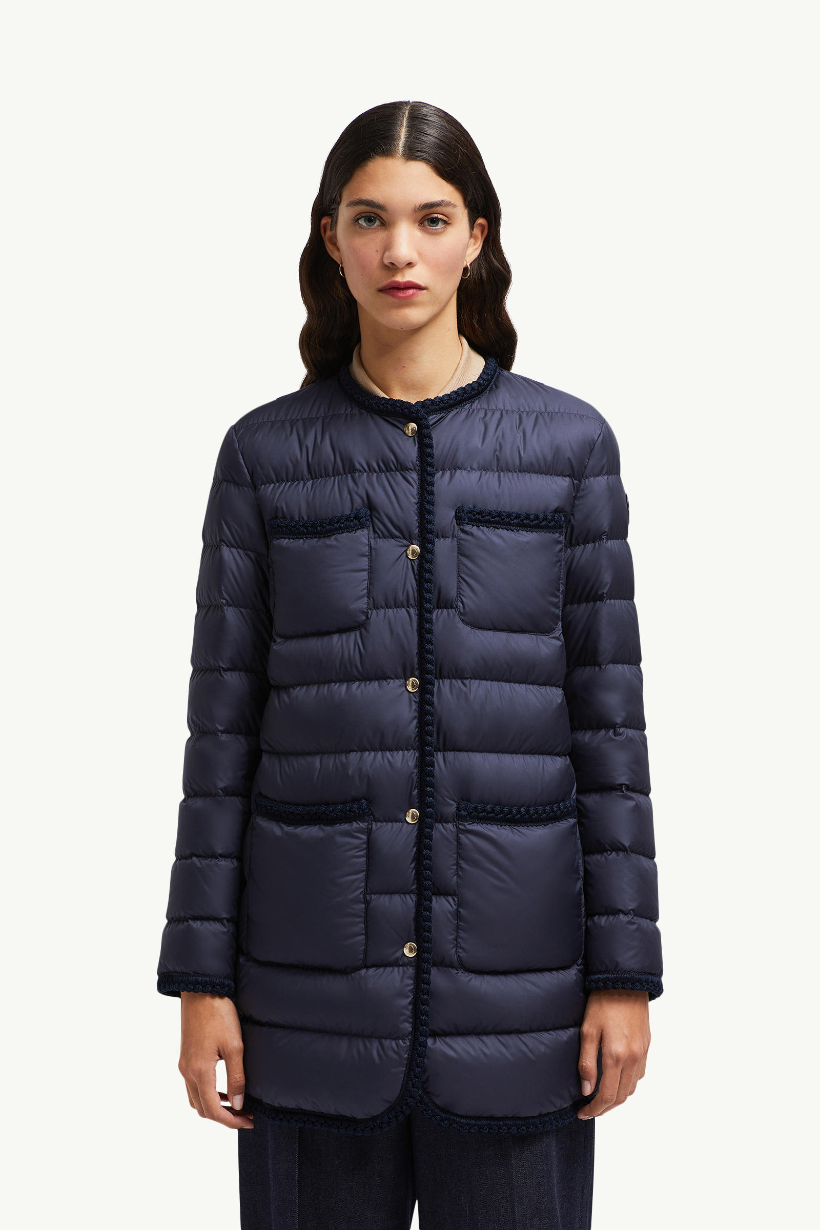 Gencaylong Braided Trim Mid-Length Down Jacket Women Navy Blue Moncler 3